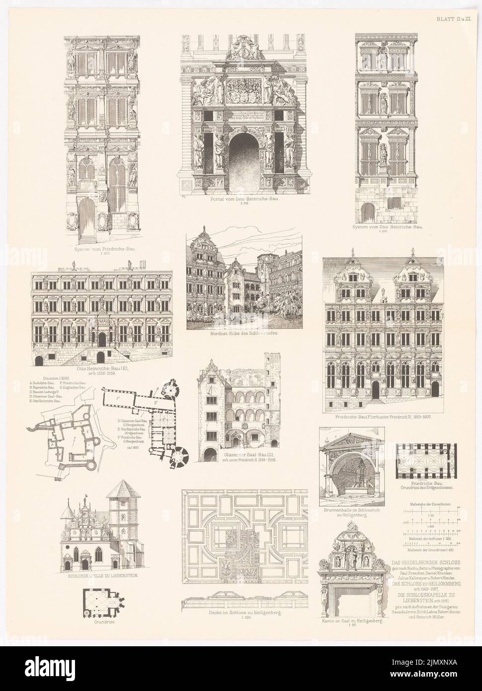 N.N., Heidelberger Schloss, Schloss in Heiligenberg. Schlosskapelle Liebenstein. (Aus Richtung Baukunst d. Renaissance in Deutschland, hrsg. V. Character excess d. (1875-1875): Ansichten, Details. Drucken auf Papier, 71,7 x 53,5 cm (einschließlich Scankanten) Stockfoto