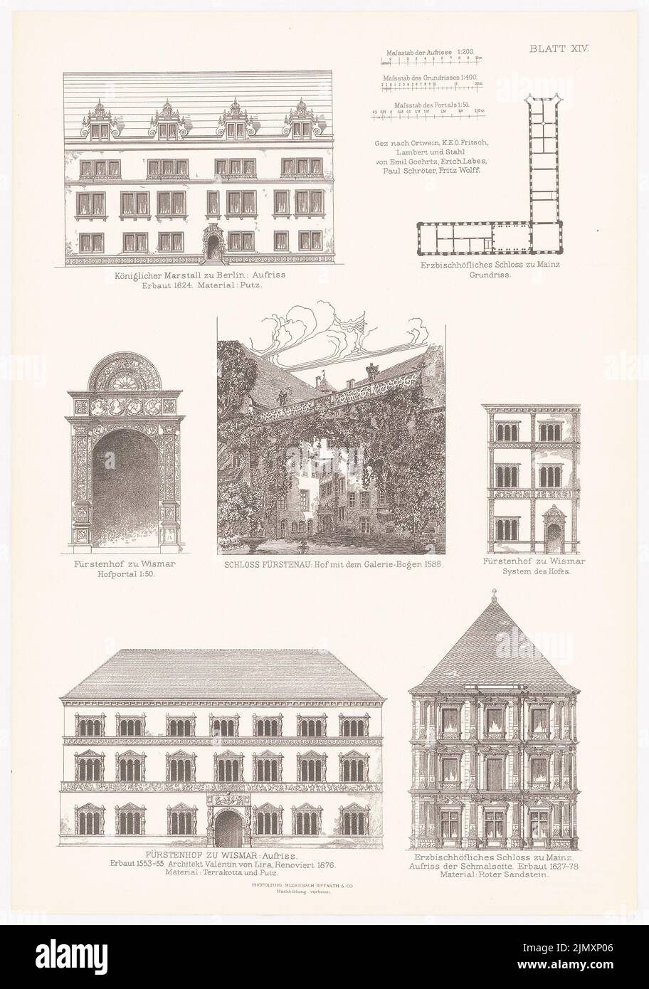 N.N., Royal Marstall Berlin. Erzbistum Mainz. Fürstenhof Wismar. Schloss Fürstenau. (Aus Richtung Baukunst d. Renaissance in Germany, hrsg. (1875-1875): Ansicht Marstall, Grundriss, Ansicht Mainz, Ansicht, Details Wismar, Perspektivische Ansicht Fürstenau. Druck auf Papier, 53,1 x 37,2 cm (inkl. Kanten scannen) Stockfoto N.N., Royal Marstall Berlin. Erzbistum Mainz. Fürstenhof Wismar. Schloss Fürstenau. (Aus Richtung Baukunst d. Renaissance in Germany, hrsg. (1875-1875): Ansicht Marstall, Grundriss, Ansicht Mainz, Ansicht, Details Wismar, Perspektivische Ansicht Fürstenau. Druck auf Papier, 53,1 x 37,2 cm (inkl. Kanten scannen) Stockfoto