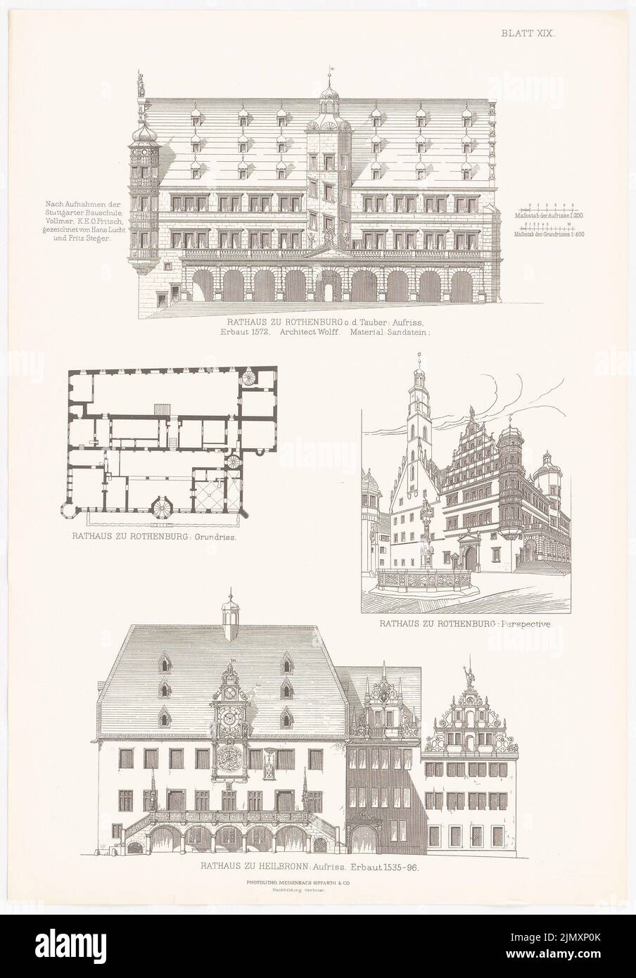 N.N., Rathaus Rothenburg/Tauber. Rathaus Heilbronn. (Aus Richtung Baukunst d. Renaissance in Deutschland, hrsg. v. Charakter fand. D. Stud. TH Berlin, 1875) (1875-1875): Ansicht, Grundriß, Perspektivansicht Rothenburg, Ansicht Heilbronn. Druck auf Papier, 53,1 x 36,9 cm (einschließlich Scankanten) Stockfoto