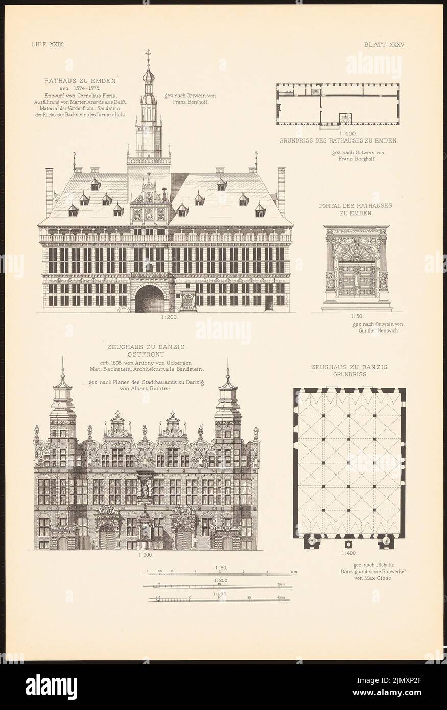 N.N., Rathaus Emden. Zeughaus zu Gdansk. (Aus Richtung Baukunst d. Renaissance in Deutschland, hrsg. v. Charakter Fout. D. Stud. TH Berlin, 1875) (1875-1875): Ansicht, Lageplan, Detail Emden, Ansicht, Grundriß Danzig. Drucken auf Papier, 54,5 x 36,7 cm (einschließlich Scankanten) Stockfoto