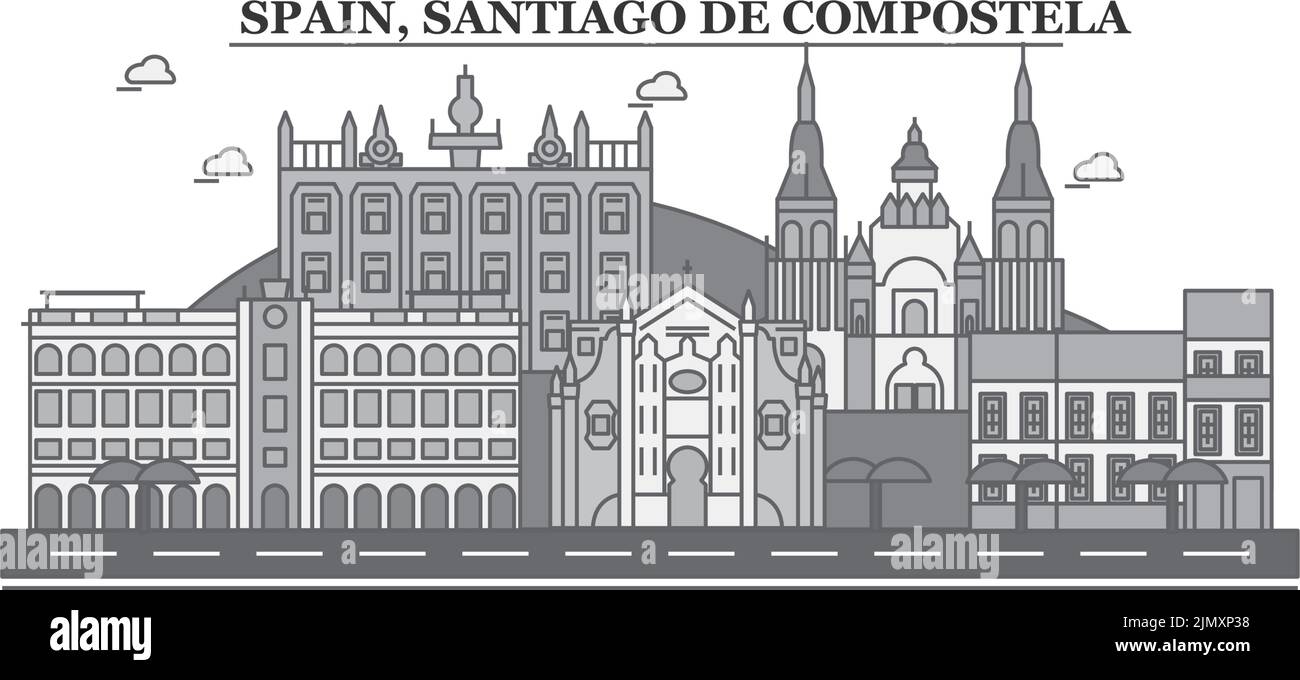 Spanien, Santiago De Compostela City Skyline isolierte Vektorgrafik, Ikonen Stock Vektor