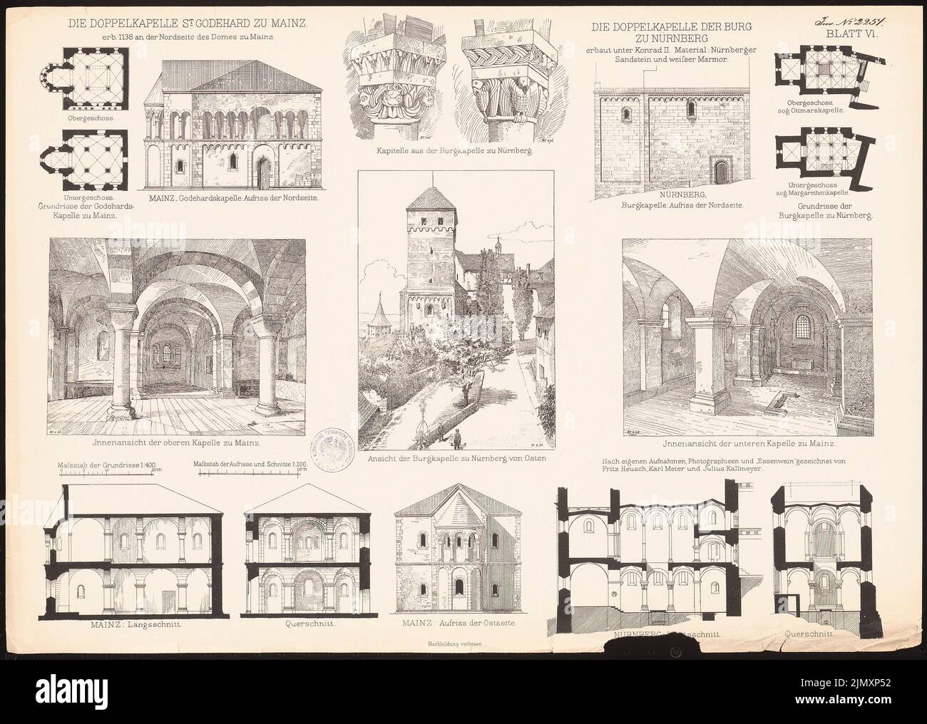 N.N., Doppelkapelle St. Godehard zu Mainz. Doppelkapelle des Schlosses in Nürnberg. (Aus Richtung Denkmäler d. Gebäude. Jubiläum. , G. Druck auf Papier, 37,5 x 52,6 cm (einschließlich Scankanten) Stockfoto N.N., Doppelkapelle St. Godehard zu Mainz. Doppelkapelle des Schlosses in Nürnberg. (Aus Richtung Denkmäler d. Gebäude. Jubiläum. , G. Druck auf Papier, 37,5 x 52,6 cm (einschließlich Scankanten) Stockfoto