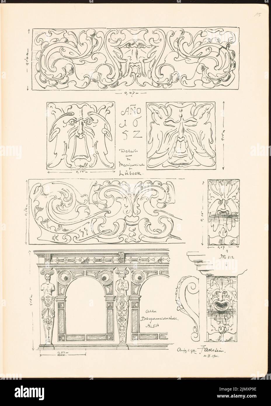 Akademische Architekten Berlin (AAVB), Skizzenbuch SS 1901: Skizzen aus Lübeck (1901-1901): Ansichten, Details Marienkirche. Druck auf Papier, 44 x 31,4 cm (einschließlich Scankanten) Stockfoto