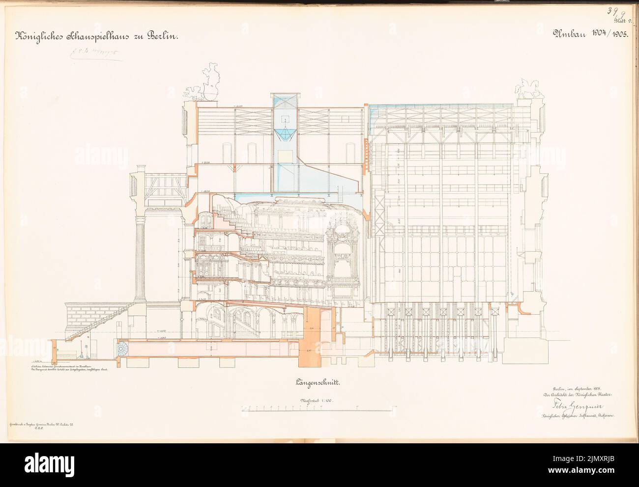 Genzmer, Felix (1856-1929), Schauspielhaus, Berlin. Umrechnung (1904-1905): Längsschnitt 1: 100. Lithographie auf Papier, 61,1 x 88 cm (einschließlich Scankanten) Stockfoto