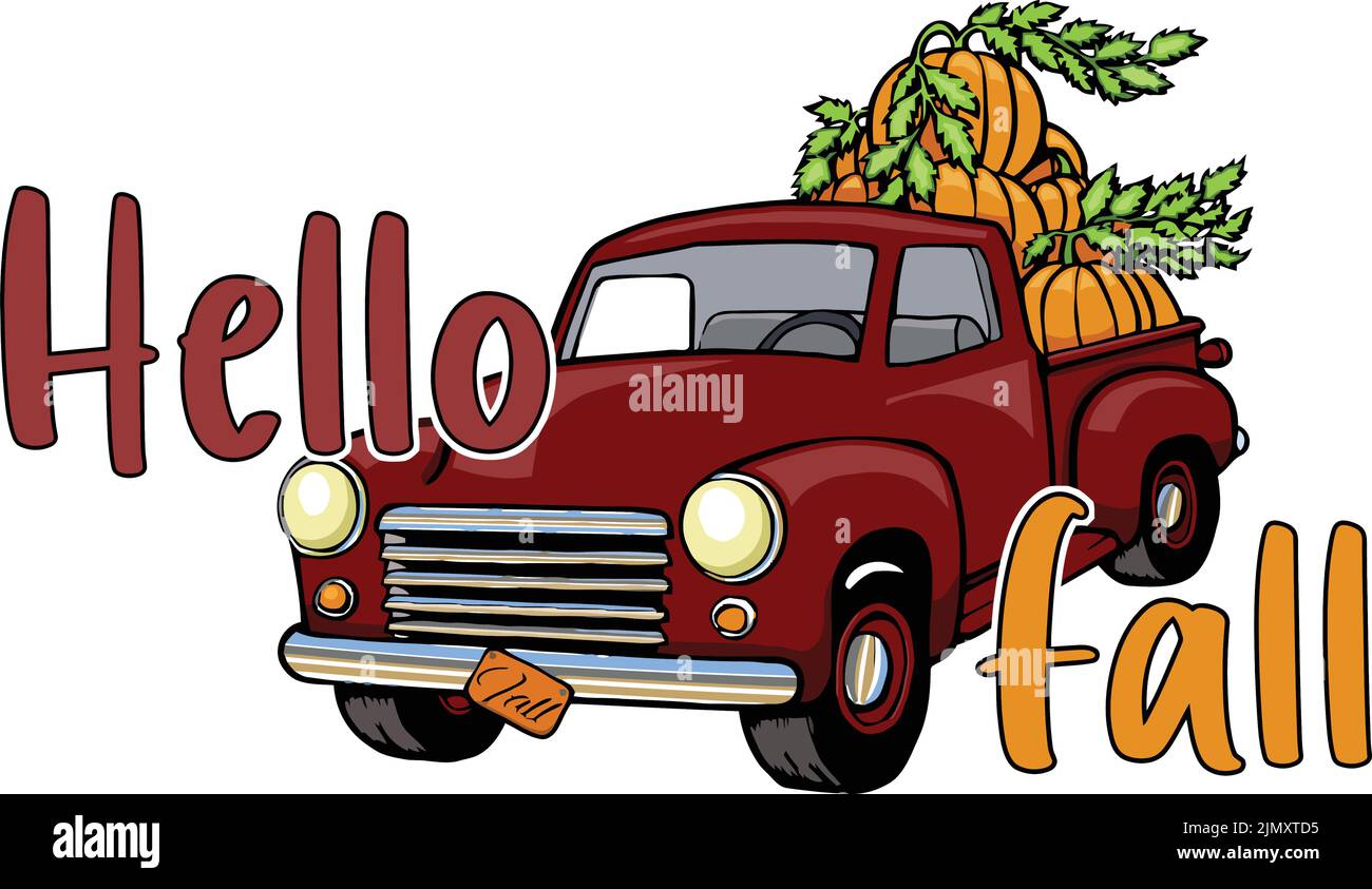 Roter Kürbis klassischer LKW mit Hallo Fall Stock Vektor