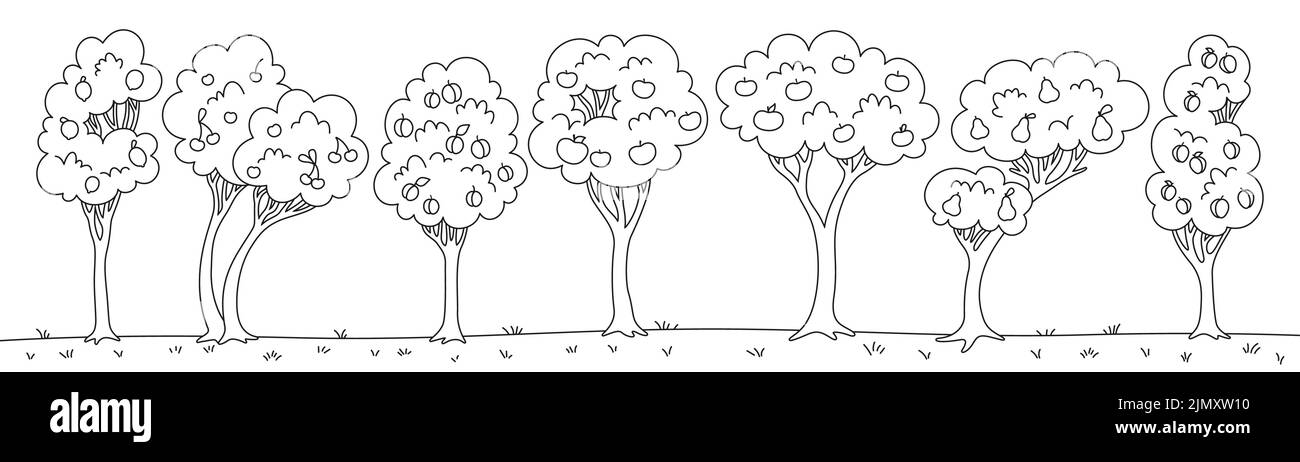 Obstbaum Garten Doodle Cartoon-Set. Flache lineare verschiedene Obstbäume Apfel, Birne und Zitrone, Kirsche, Mandarine, Pflaume Aprikose. Farm reife Früchte ernten botanische Öko-Sammlung. Vektorgrafik Stock Vektor