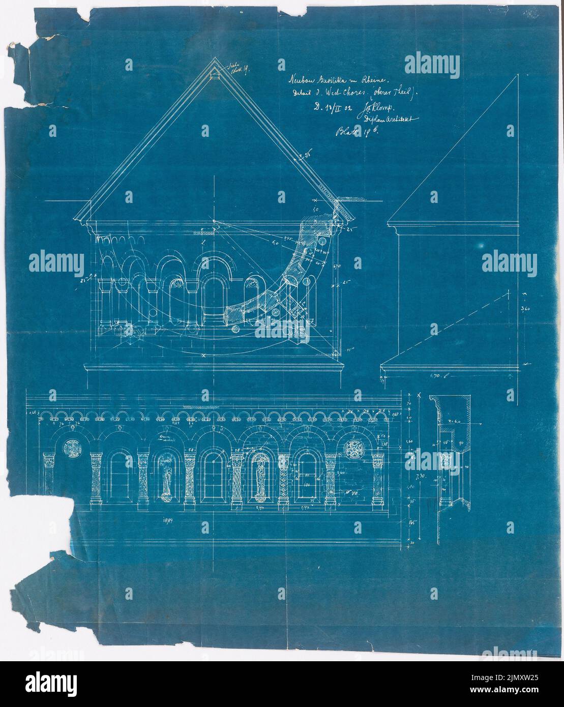 Klomp Johannes Franziskus (1865-1946), St. Antonius von Padua, Rheine (02,1902): Detail des Westchors (oberer Teil), Ansichten und Grundriß. Blaupause auf Papier, 66,4 x 56,6 cm (einschließlich Scankanten) Stockfoto