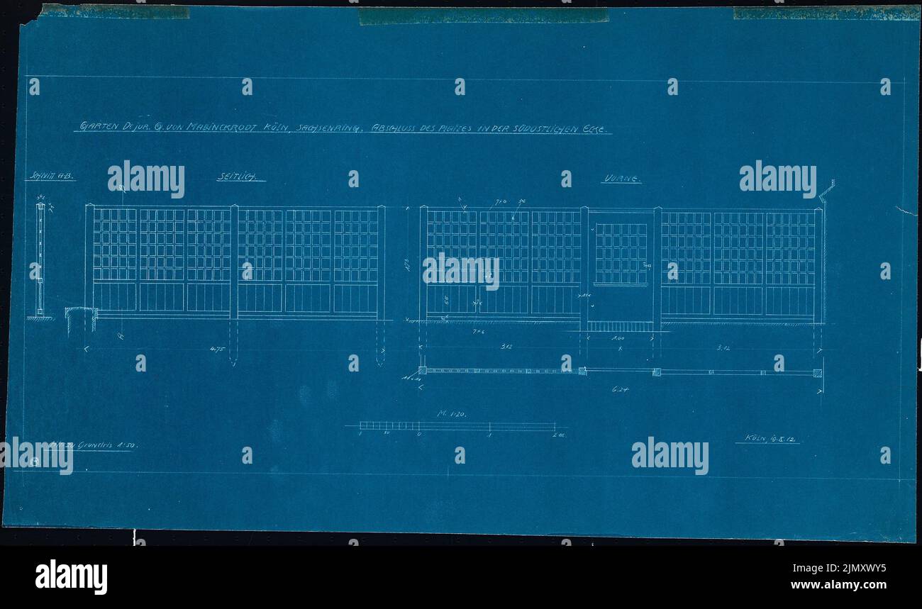 Encke Friedrich August (1861-1931), Garten Mallinckrodt, Köln (19. August 1912): Garten Sachsenring: Fertigstellung des Platzes in der südöstlichen Ecke, Einzäunung, Grundriß, Ansicht und Schnitt, 1:20. Blaupause auf Papier, 41,7 x 70,4 cm (einschließlich Scankanten) Stockfoto