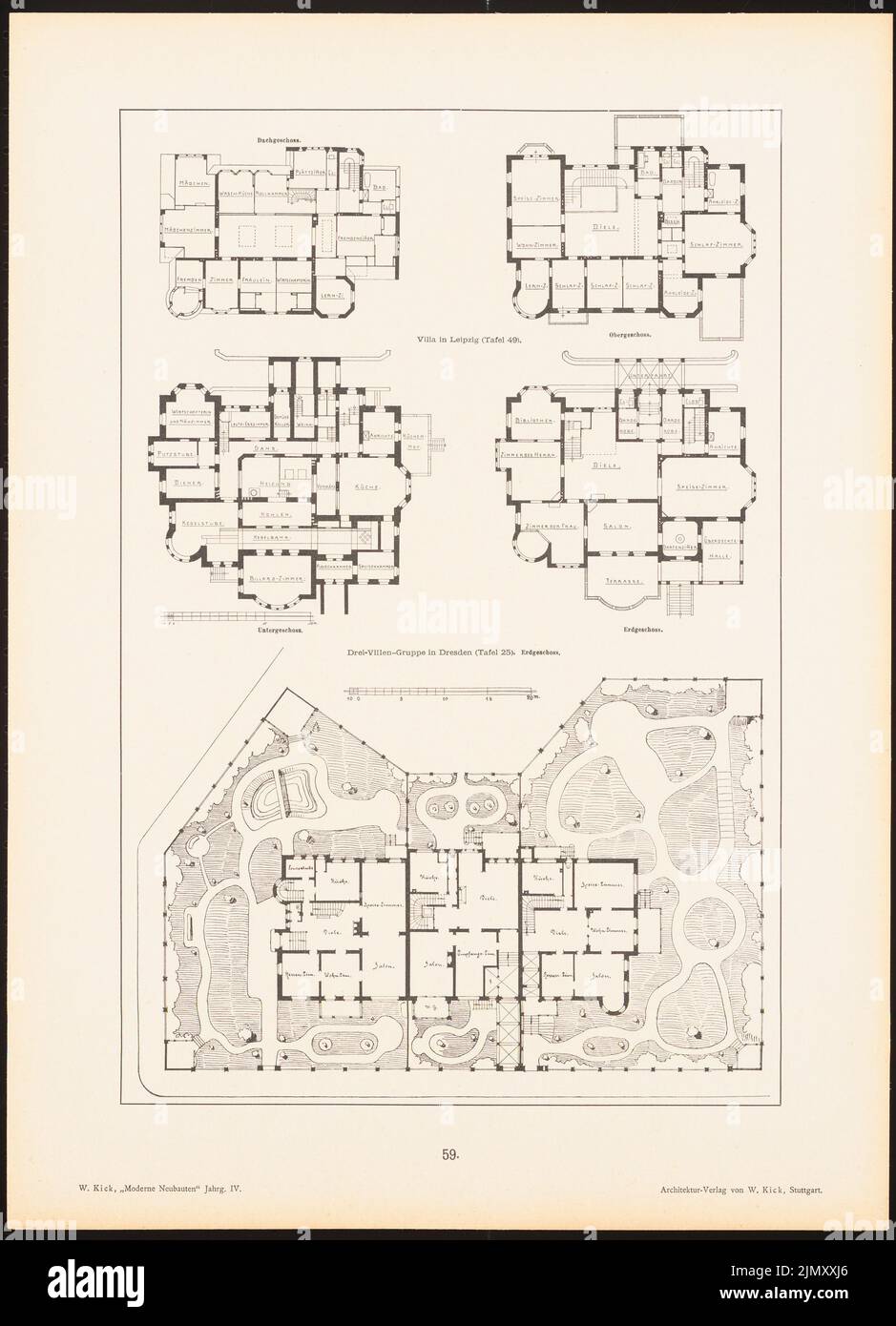 N.N., Grundrisse Leipzig, Dresden. (Aus: Moderne Neubauten, 4. Jahre, Hrsg. W. Kick) (1894-1894): Grundrisse. Leichter Druck auf Papier, 45 x 32,5 cm (einschließlich Scankanten) Stockfoto