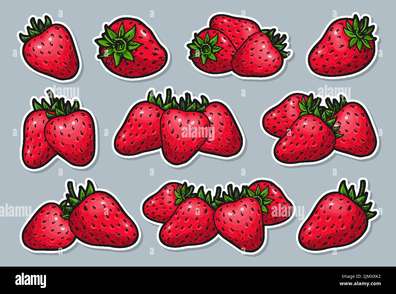 Set mit reifen Erdbeeren-Aufklebern. Realistische ganze rote Beeren Gruppen. Gesunde süße frische Früchte. Cartoon Aufkleber mit Kontur für Kartenposter, Stickpatch, Verpackungsanhänger, Flyer-Emblem, Scrapbooking Stock Vektor