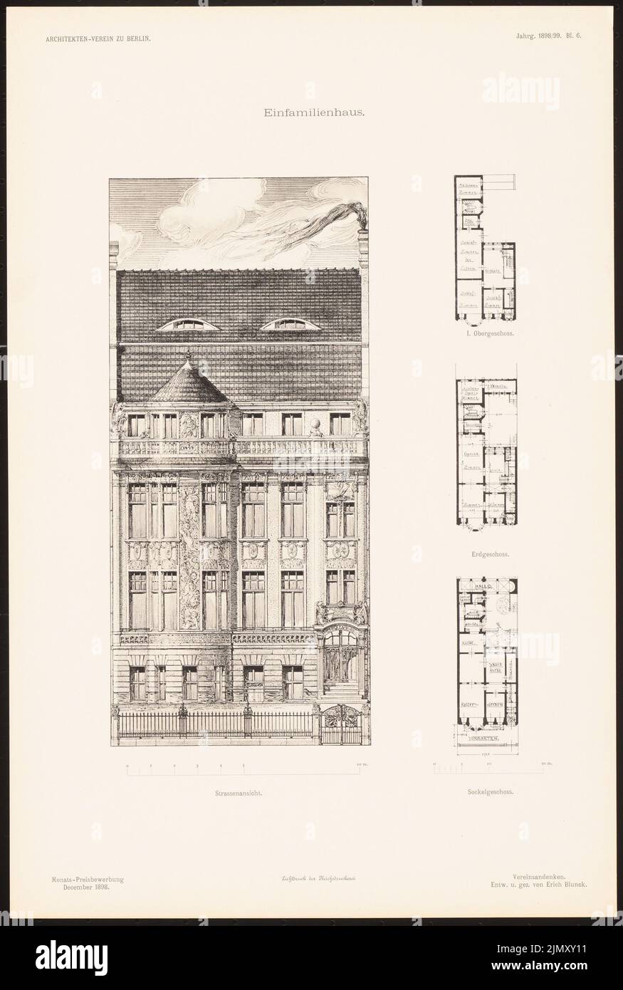 Blunck Erich (1872-1950), Einfamilienhaus. (Aus: Entwürfe von Mitgliedern der AVB, neue Folge 1898/99) (1898-1899): Blick von der Straßenseite, Grundrisse EG, 1.. Stock, Untergeschoß. Leichter Druck auf Papier, 45,7 x 30,8 cm (einschließlich Scankanten) Stockfoto