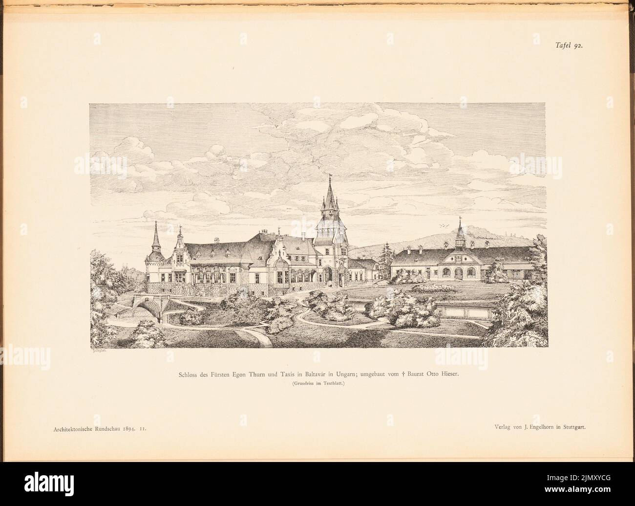 Hieser Otto, Schloss von Prinz Egon Thurn und Taxis, Balavar. (Von: Architekt. Rundschau, Hrsg. v. Eisenlohr & Weigle, Stuttgart 1894) (1894-1894): Perspektivansicht. Drucken auf Papier, 28,2 x 38,7 cm (einschließlich Scankanten) Stockfoto