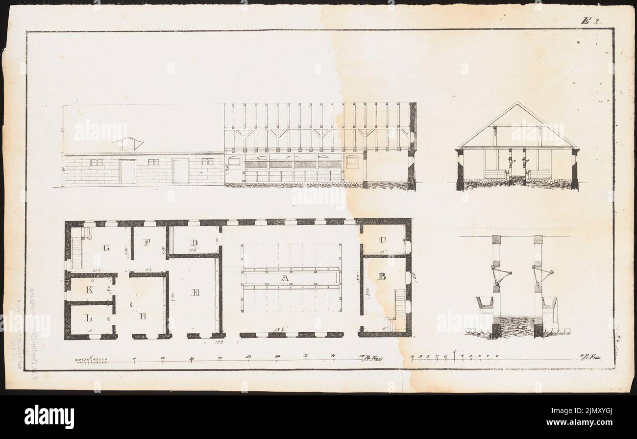 N.N., Architektur. Designs von d. Bereiche d. Landwirtschaft und ländliche Architektur, H.1, Breslau. (Ohne dat.): Seitenansicht, Grundriß, Querschnitt, Längsschnitt, Detail. Stich auf Papier, 22,6 x 36,3 cm (einschließlich Scankanten) Stockfoto