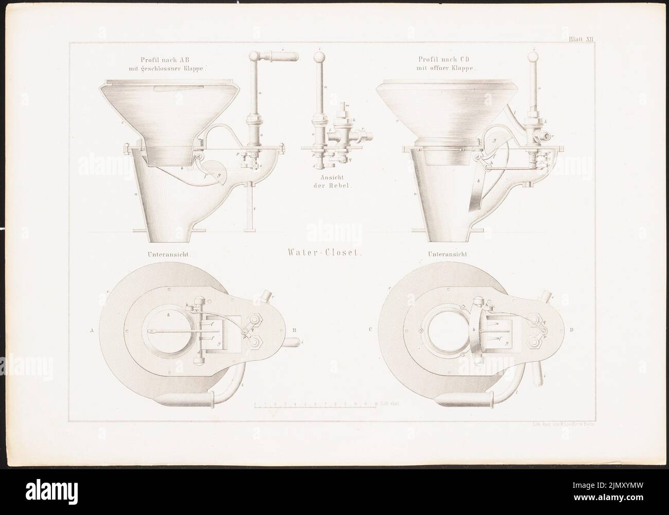 Knoblauch Eduard (1801-1865), das neue Krankenhaus d. Jüdische Gemeinde in Berlin, hrsg. C. H. Esse, Berlin 1861 (1861-1861): Ansichten, Querschnitte Toiletten. Lithographie auf Papier, 30,2 x 43 cm (einschließlich Scankanten) Stockfoto