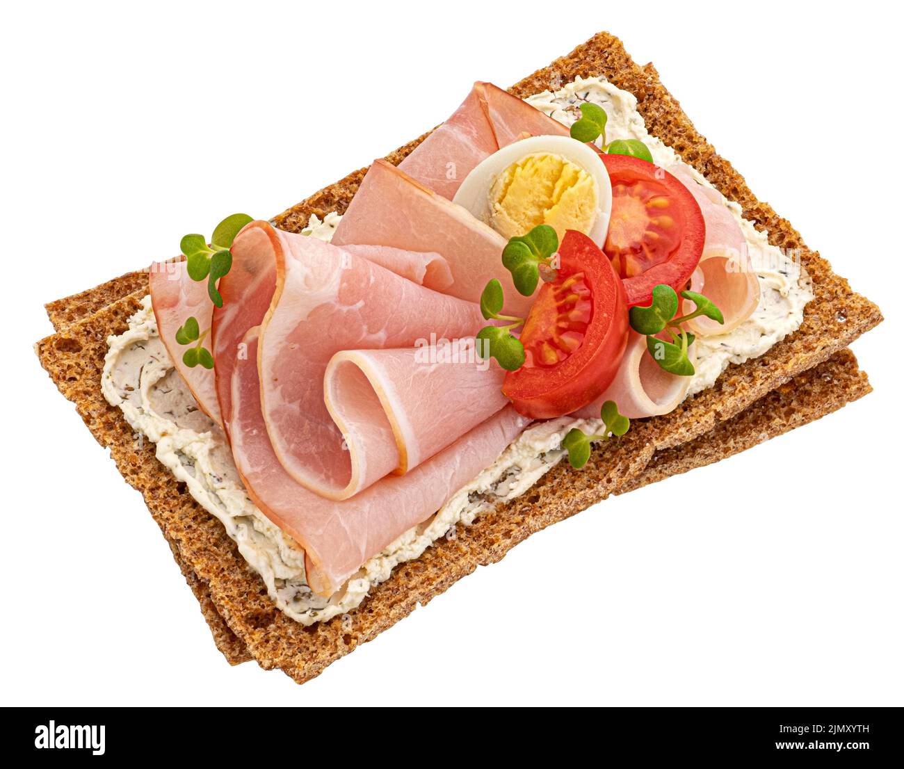 Knäckebrot mit geräuchertem Schinken isoliert auf weiß, Draufsicht Stockfoto