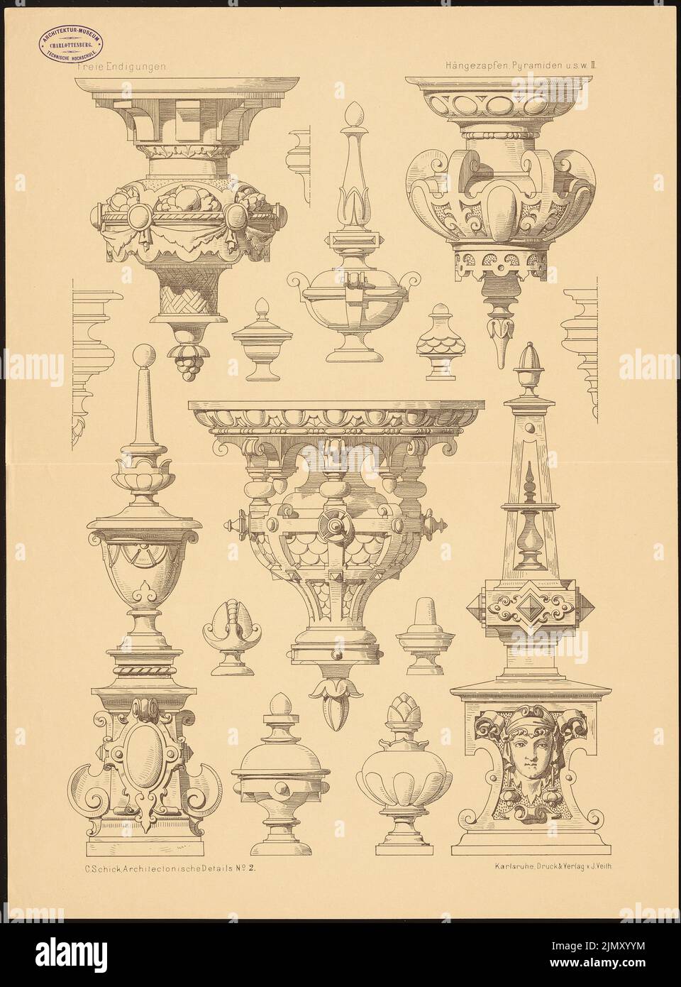 Schick Carl, Freie Enden, hängende Kegel, Pyramiden (von: Architectural Details. Eine Sammlung von Stützen, Gesimsen, Konsolen usw. Druck auf Papier, 64,8 x 47,9 cm (einschließlich Scankanten) Stockfoto