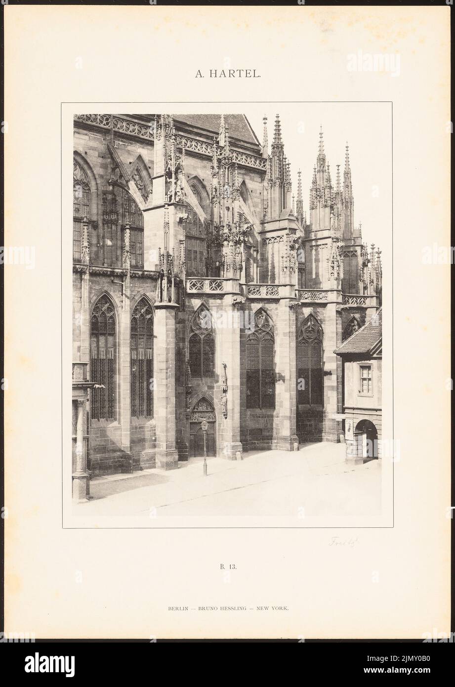 Hartel August (1844-1890), Münster, Freiburg/Breisgau. (Aus: Architektur. Details und Ornamente der Kirchenarchitektur in den Stilarten des Mittelalters, Serie 2., Berlin 1896.) (1896-1896): Ansicht. Leichter Druck auf Papier, 48,8 x 34,6 cm (einschließlich Scankanten) Stockfoto