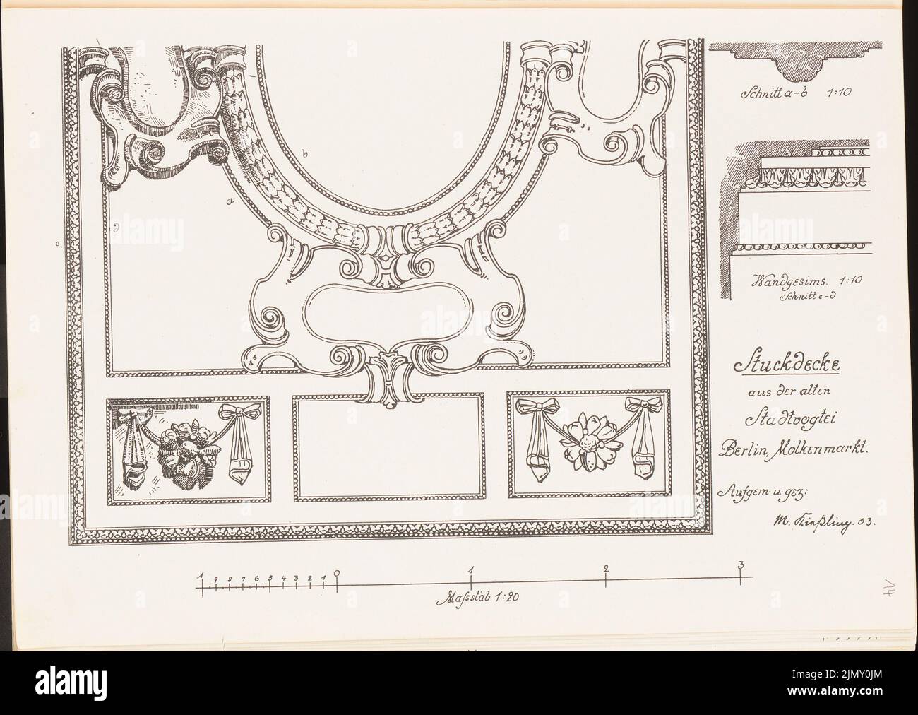 Kiessling Martin (1879-1944), Stuckdecke des Altstadtvollziehers, Berlin. (Aus Richtung Architecton: Skizzen aus Alt-Berlin, hrsg. Akad. Architektenverband, H.28, Berlin 1904.) (1904-1904): Ansicht, Details. Leichter Druck auf Papier, 24,2 x 34,1 cm (einschließlich Scankanten) Stockfoto