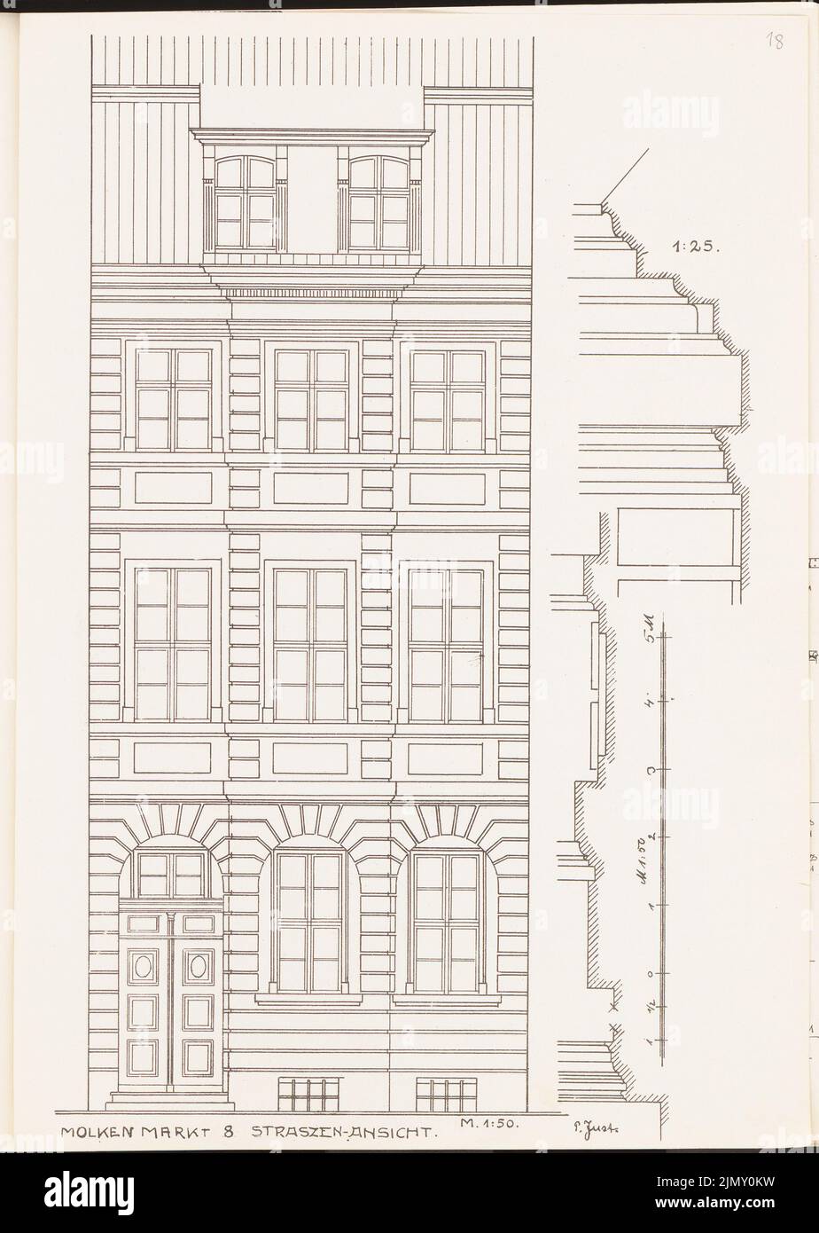 Just P., Wohnhaus am Molkenmarkt 8, Berlin. (Aus Richtung Architecton: Skizzen aus Alt-Berlin, hrsg. Akad. Architektenverband, H.28, Berlin 1904.) (1904-1904): Blick von der Straßenseite, Fassade senkrecht geschnitten. Leichter Druck auf Papier, 33,9 x 24,1 cm (einschließlich Scankanten) Stockfoto