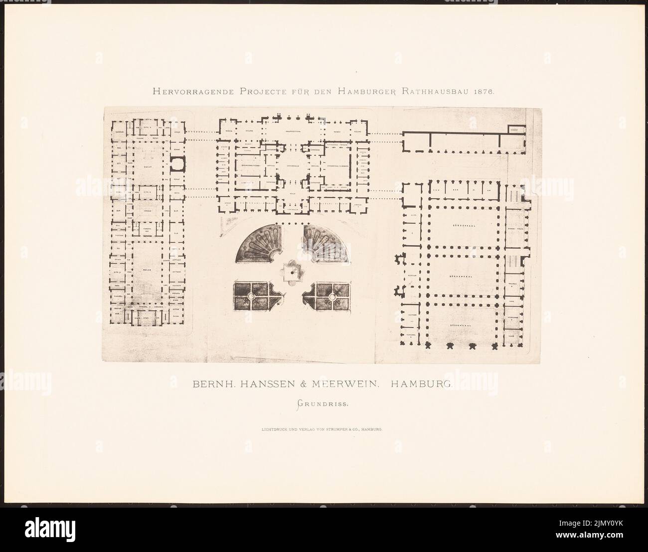 Hanssen & Meerwein, hervorragende Projekte für den Hamburger Rathausbau 1876 (1876-1876): Grundriß. Leichter Druck auf Papier, 35,2 x 44,9 cm (einschließlich Scankanten) Stockfoto