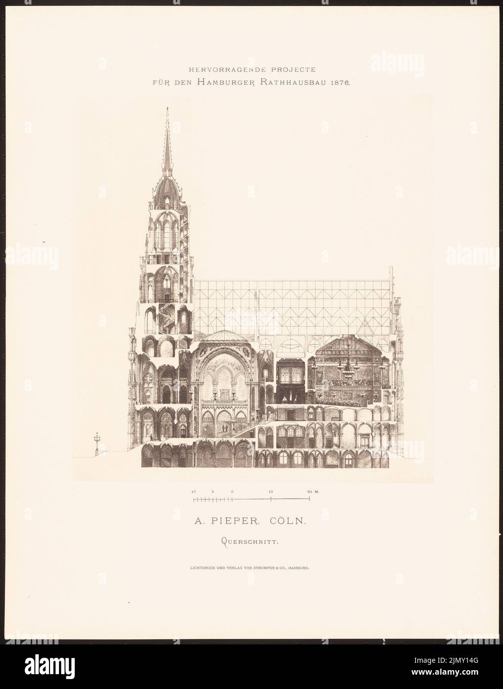 Pieper A., hervorragende Projekte für den Hamburger Rathausbau 1876 (1876-1876): Querschnitt. Leichter Druck auf Papier, 45,1 x 35,3 cm (einschließlich Scankanten) Stockfoto