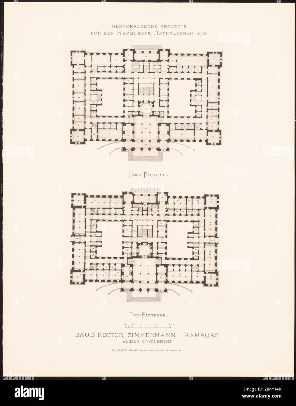 Zimmermann, hervorragende Projekte für den Hamburger Rathausbau 1876 (1876-1876): Grundriß Hochparterre, niedrige Partei. Leichter Druck auf Papier, 45 x 35,2 cm (einschließlich Scankanten) Stockfoto