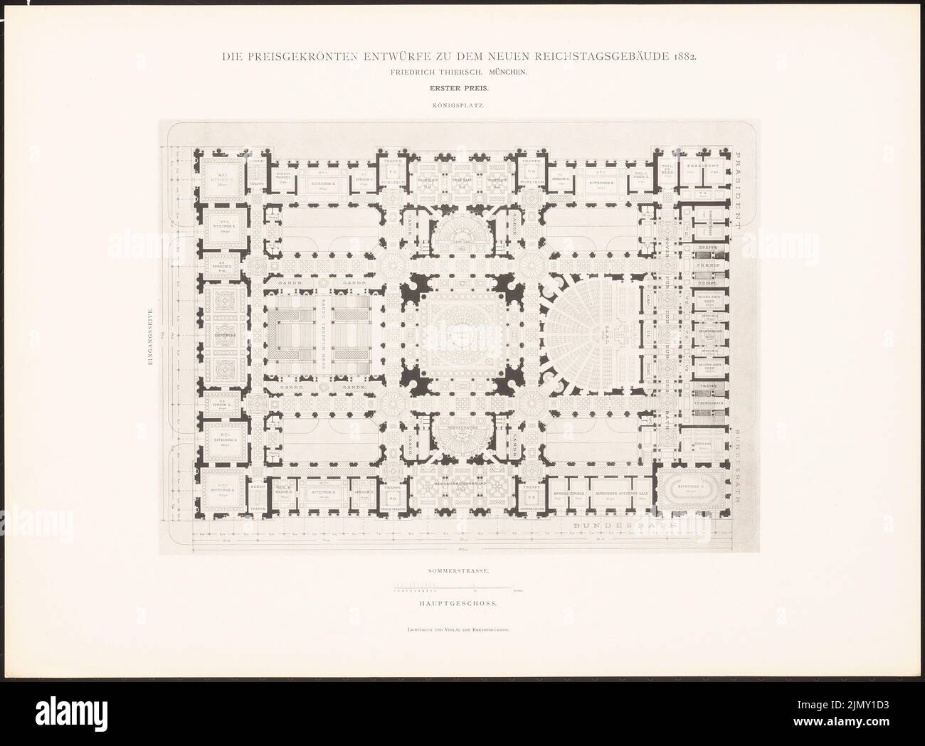 Thiersch Friedrich von (1852-1921), die Entwürfe für den neuen Reichstagsgebäude, Berlin 1882 (1882-1882): Grundriss Erdgeschoss. Leichter Druck auf Papier, 34,5 x 46,7 cm (einschließlich Scankanten) Stockfoto