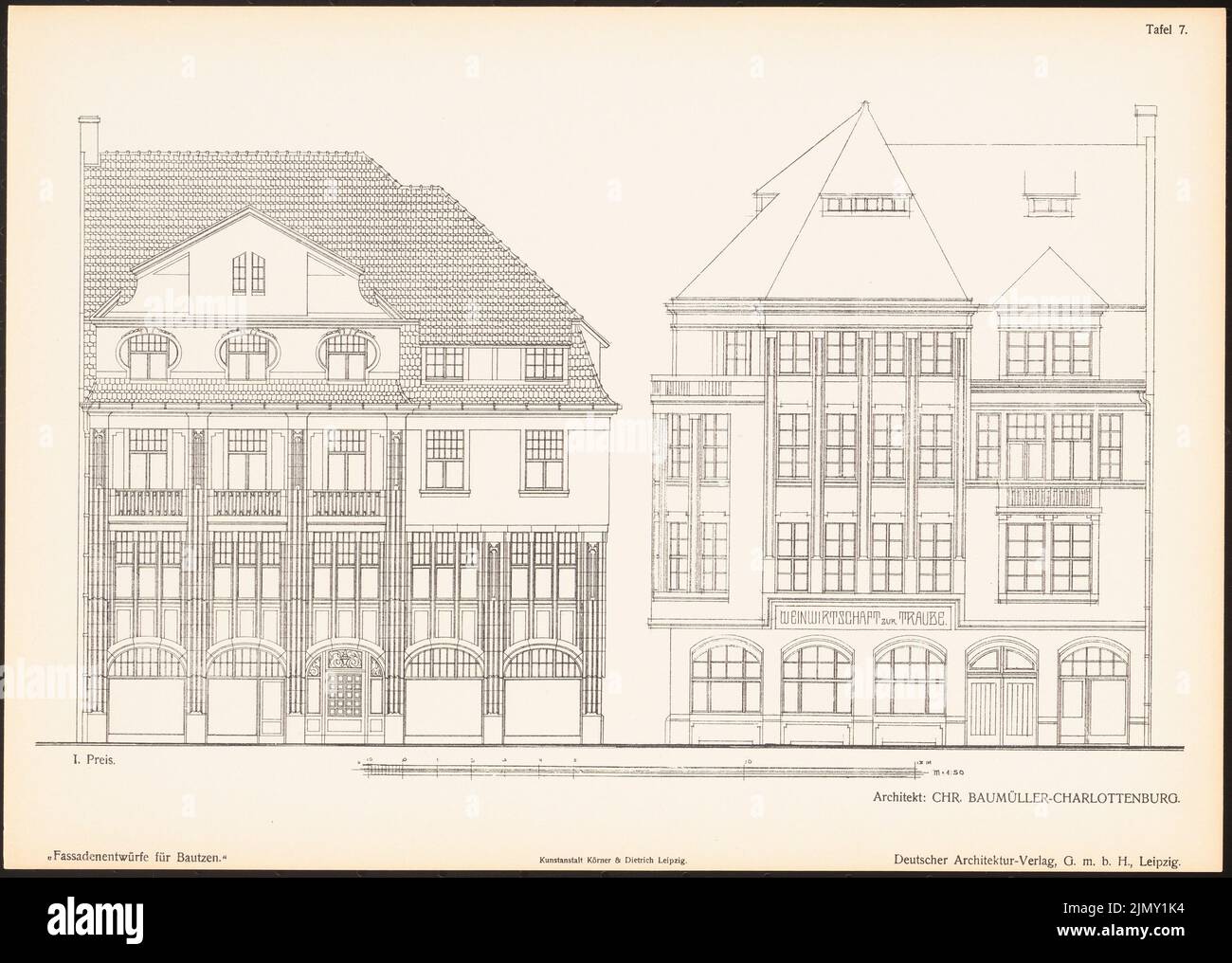 Baumüller Chr., Fassadenentwürfe für Bautzen. Ergebnisse d. Wettbewerb d. Stadt Bautzen, Schnitt. v. Richard Landé, Leipzig 1904 (1904-1904): Ansichten. Druck auf Papier, 26,1 x 36,6 cm (einschließlich Scankanten) Stockfoto