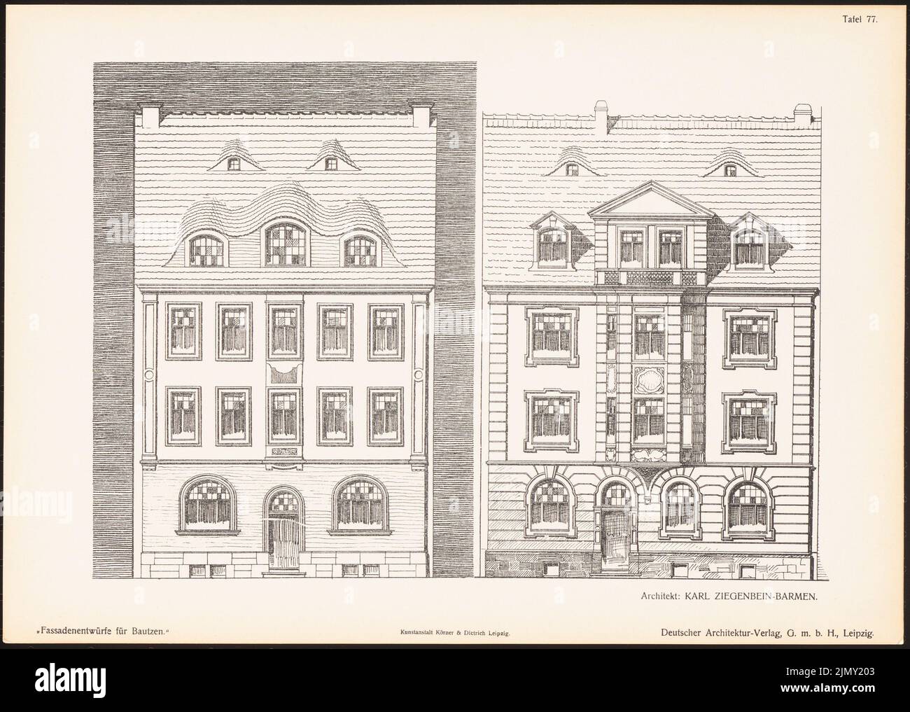 Ziegenbein Karl, Fassadenentwürfe für Bautzen. Ergebnisse d. Wettbewerb d. Stadt Bautzen, Schnitt. v. Richard Landé, Leipzig 1904 (1904-1904): Ansichten. Druck auf Papier, 26,1 x 36,6 cm (einschließlich Scankanten) Stockfoto