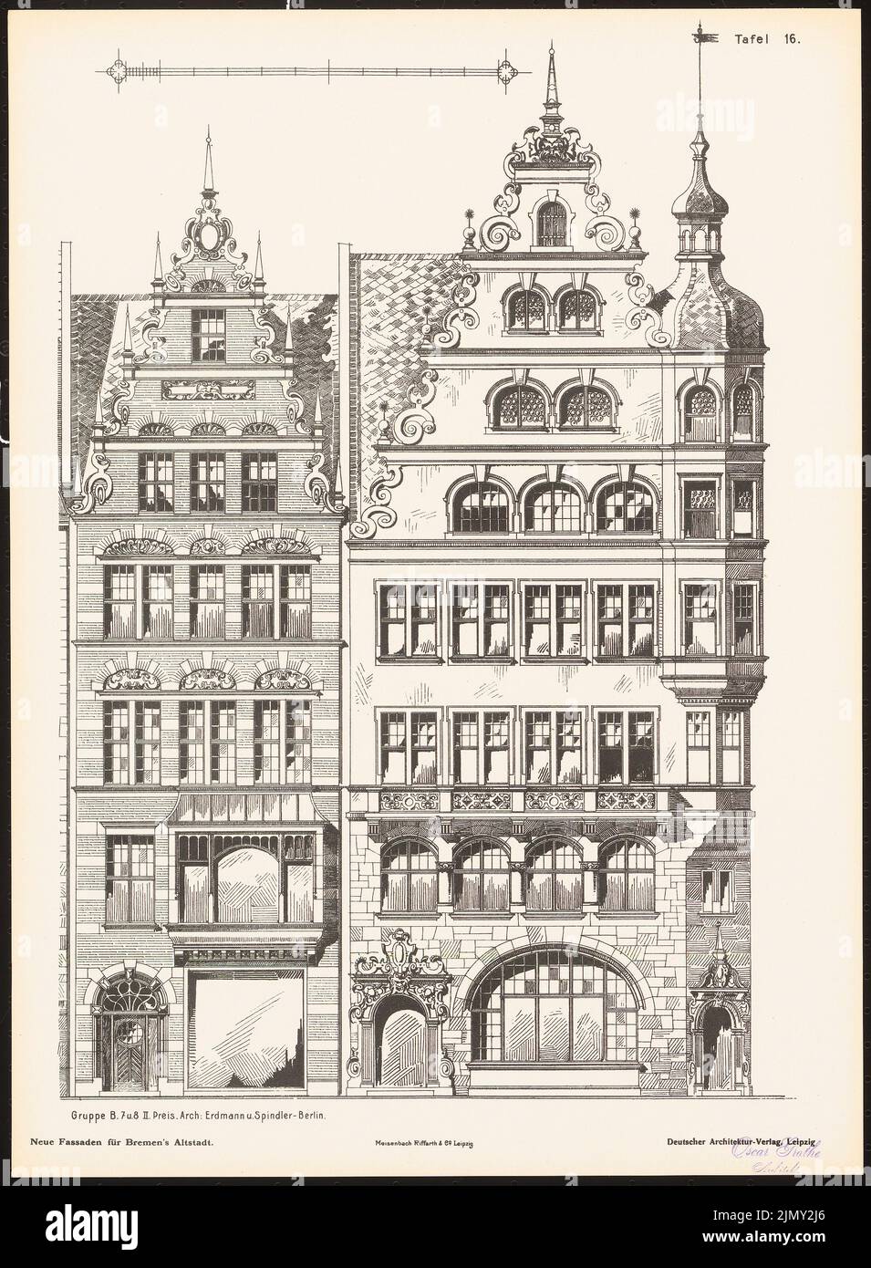 Erdmann & Spindler, neue Fassaden für die Bremer Altstadt. Ergebnis von d. Wettbewerbe d. Verein von Bentheim in Bremen, edit. v. Richard Landé, Leipzig (ohne Datum): Views. Druck auf Papier, 48,4 x 35,6 cm (einschließlich Scankanten) Stockfoto