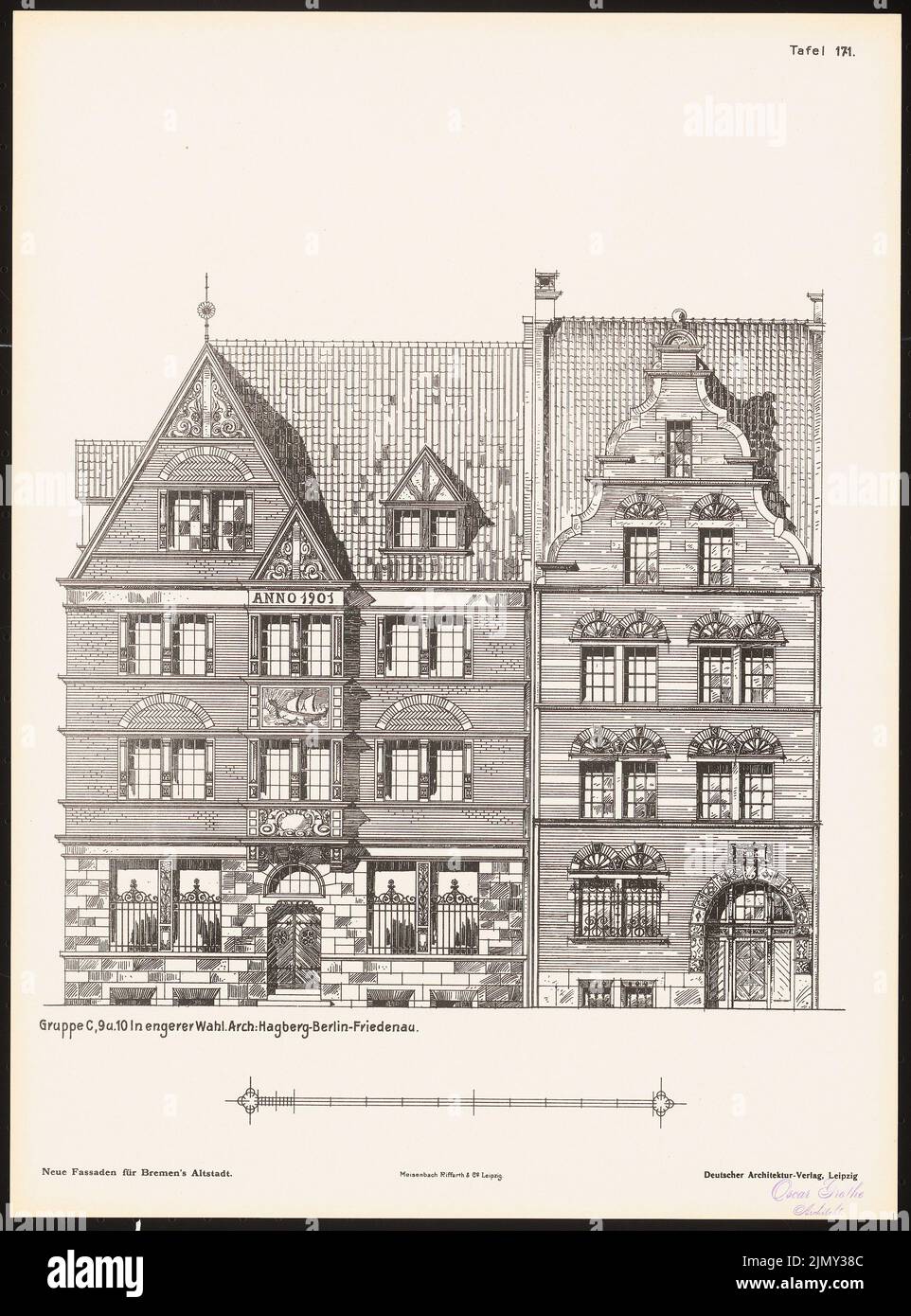 Hagberg Emil, neue Fassaden für die Bremer Altstadt. Ergebnis von d. Wettbewerbe d. Verein von Bentheim in Bremen, edit. v. Richard Landé, Leipzig (ohne Datum): Views. Druck auf Papier, 48,4 x 35,8 cm (einschließlich Scankanten) Stockfoto