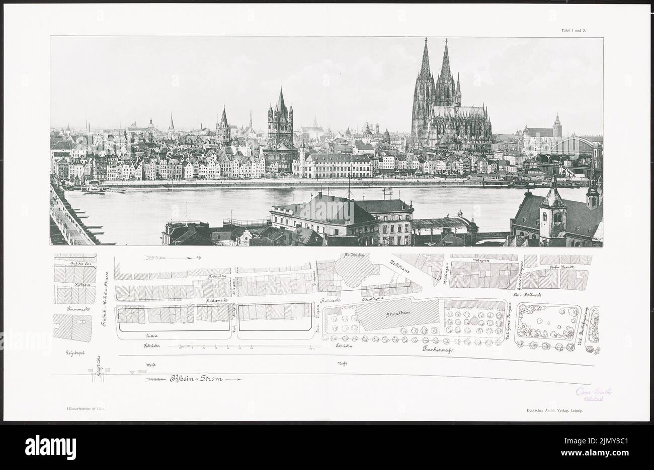 N.N., Vorbilder für Hausfronten an der Rheinuferstraße in Köln. Das Ergebnis d. Wettbewerb, beworbene d. Stadt Köln, Schnitt. v. Richard Landé, Le (1901-1901): Ansicht, Lageplan. Druck auf Papier, 43,2 x 66,4 cm (einschließlich Scankanten) Stockfoto