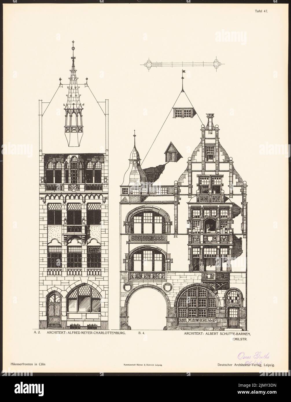 Schutte Albert, Vorbilder für Hausfronten an der Kölner Rheinuferstraße. Das Ergebnis d. Wettbewerb, beworbene d. Stadt Köln, Schnitt. v. Richard Landé, Le (1901-1901): Views. Druck auf Papier, 43,2 x 33,4 cm (einschließlich Scankanten) Stockfoto