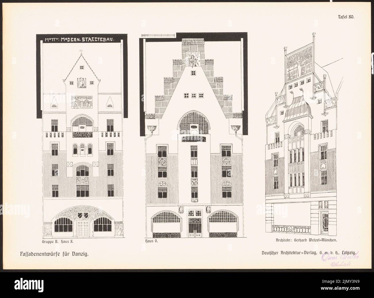 Welzel Gerhard, Fassadenentwürfe für Danzig. Das Ergebnis d. Wettbewerb, beworbene d. Verein zur Erhaltung der Bau- und Kunstdenkmäler in Danzig, (1902-1902): Perspektivische Ansicht, Ansichten. Druck auf Papier, 26,5 x 36,4 cm (einschließlich Scankanten) Stockfoto