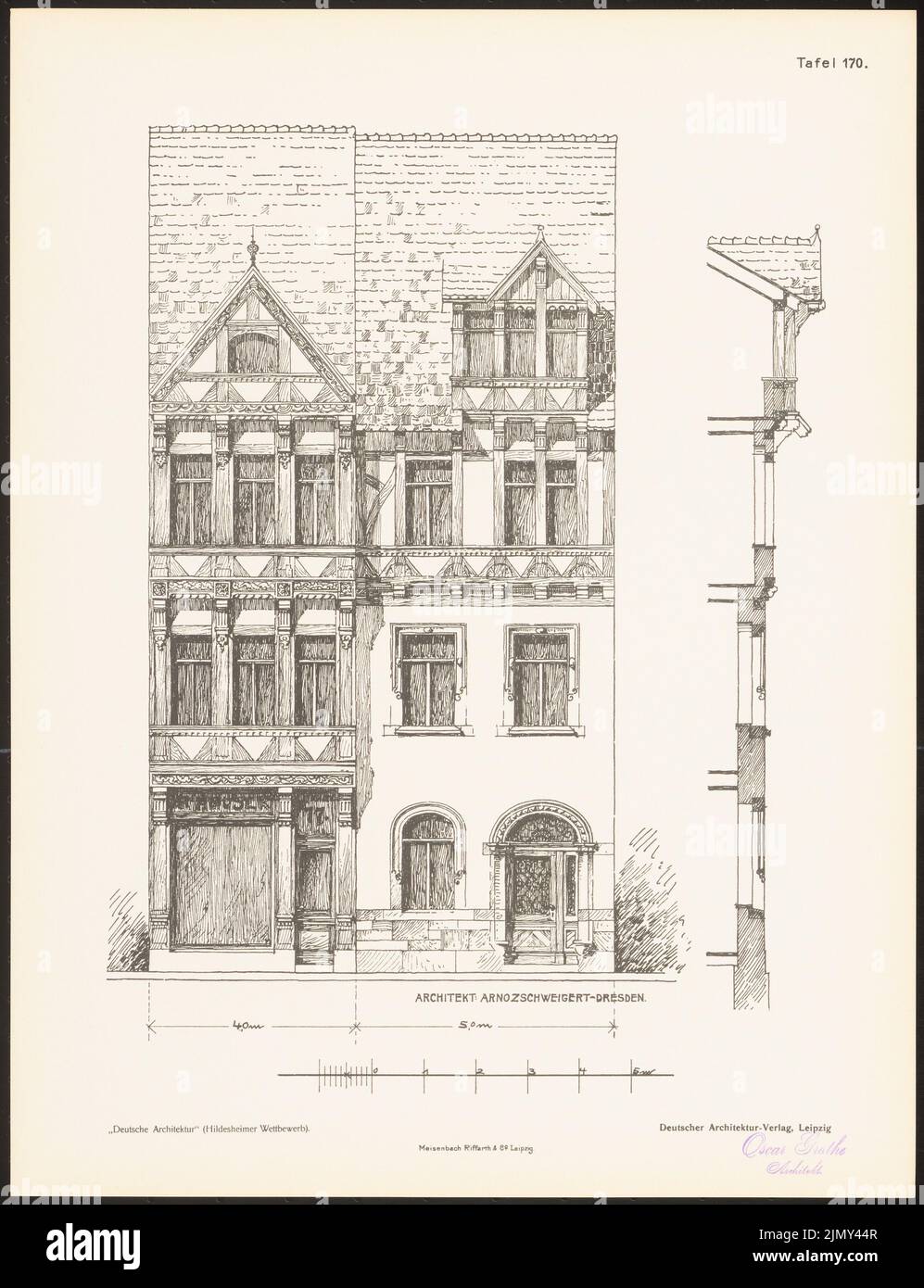 Zschweigt Arno, deutsche Architektur im Sinne des Alten neu gestaltet. Das Ergebnis von d. Hildesheimer Wettbewerb, beworbene d. Verein für die Erhaltung der Künste (1900-1900): Ansicht, Fassade vertikal geschnitten. Druck auf Papier, 42,1 x 32,3 cm (einschließlich Scankanten) Stockfoto