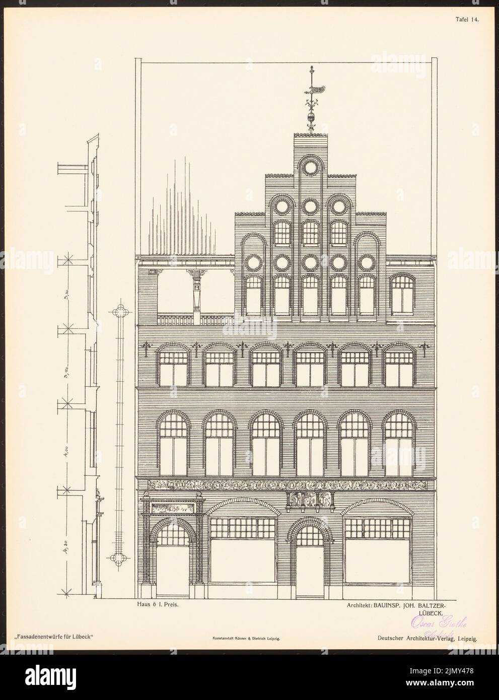 Baltzer Johannes (1862-1940), Fassadenentwürfe für Lübeck. Das Ergebnis d. Wettbewerb, beworbene d. Verein der Lübecker Kunstliebhaber, edit. v. Richard Landé, Leipzig 1 (1901-1901): Ansicht, Fassadenschnitt. Druck auf Papier, 43 x 32,8 cm (einschließlich Scankanten) Stockfoto