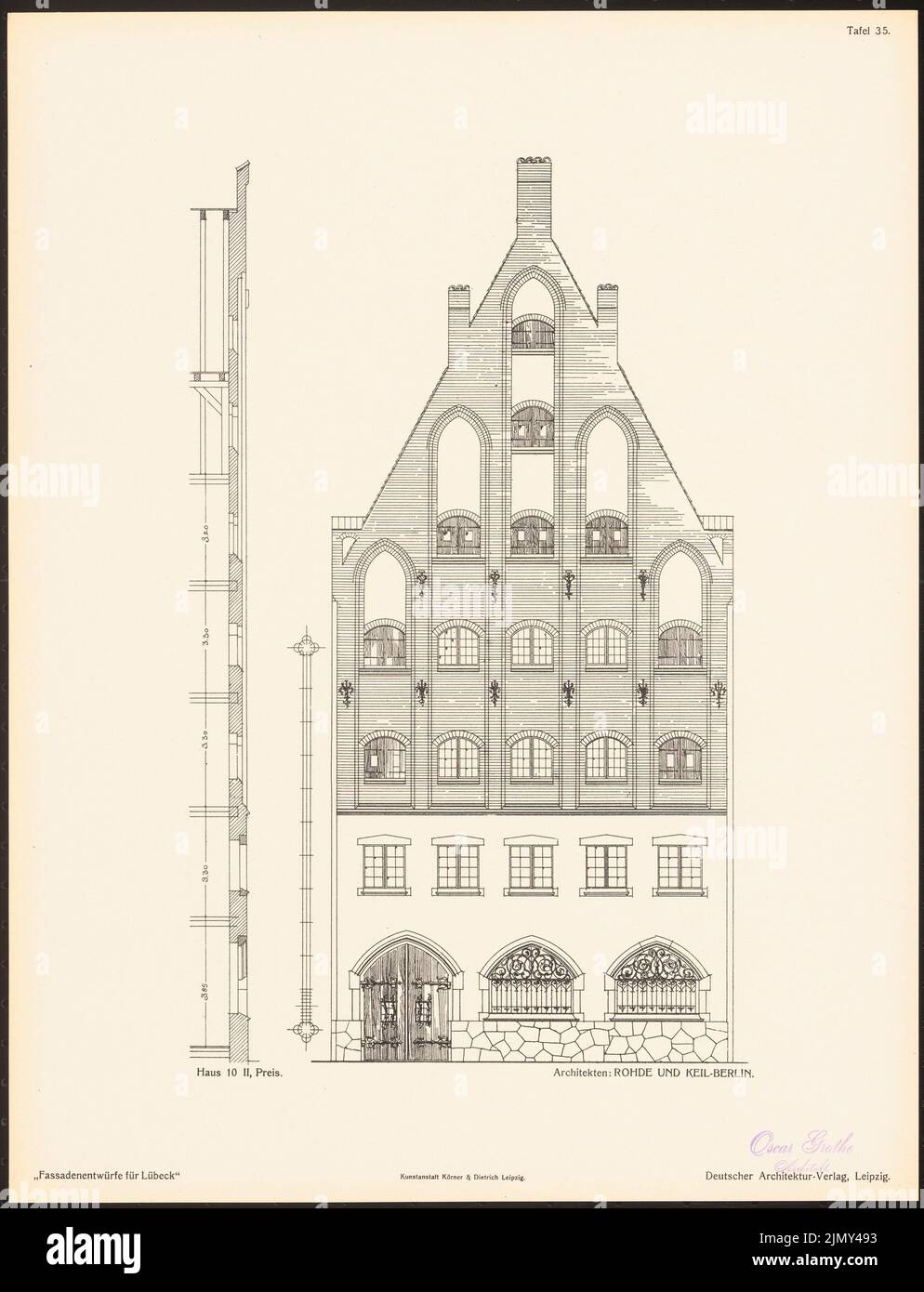 Rohde & Keil, Fassadenentwürfe für Lübeck. Das Ergebnis d. Wettbewerb, beworbene d. Verein der Lübecker Kunstliebhaber, edit. v. Richard Landé, Leipzig 1 (1901-1901): Ansicht, Fassadenschnitt. Druck auf Papier, 42,7 x 32,7 cm (einschließlich Scankanten) Stockfoto