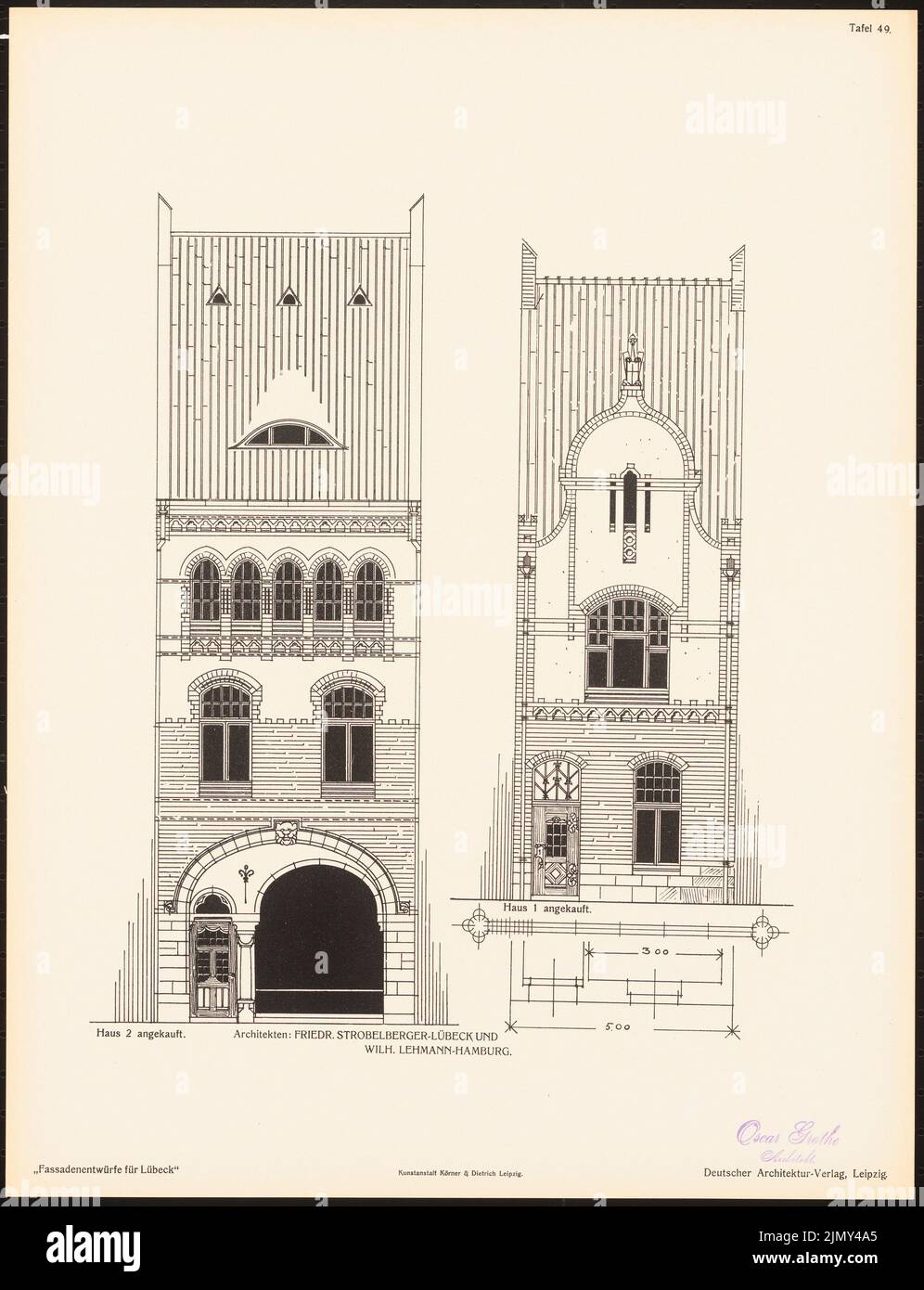 Strobelberger Friedrich, Fassadenentwürfe für Lübeck. Das Ergebnis d. Wettbewerb, beworbene d. Verein der Lübecker Kunstliebhaber, edit. v. Richard Landé, Leipzig 1 (1901-1901): Views. Druck auf Papier, 42,8 x 32,8 cm (einschließlich Scankanten) Stockfoto