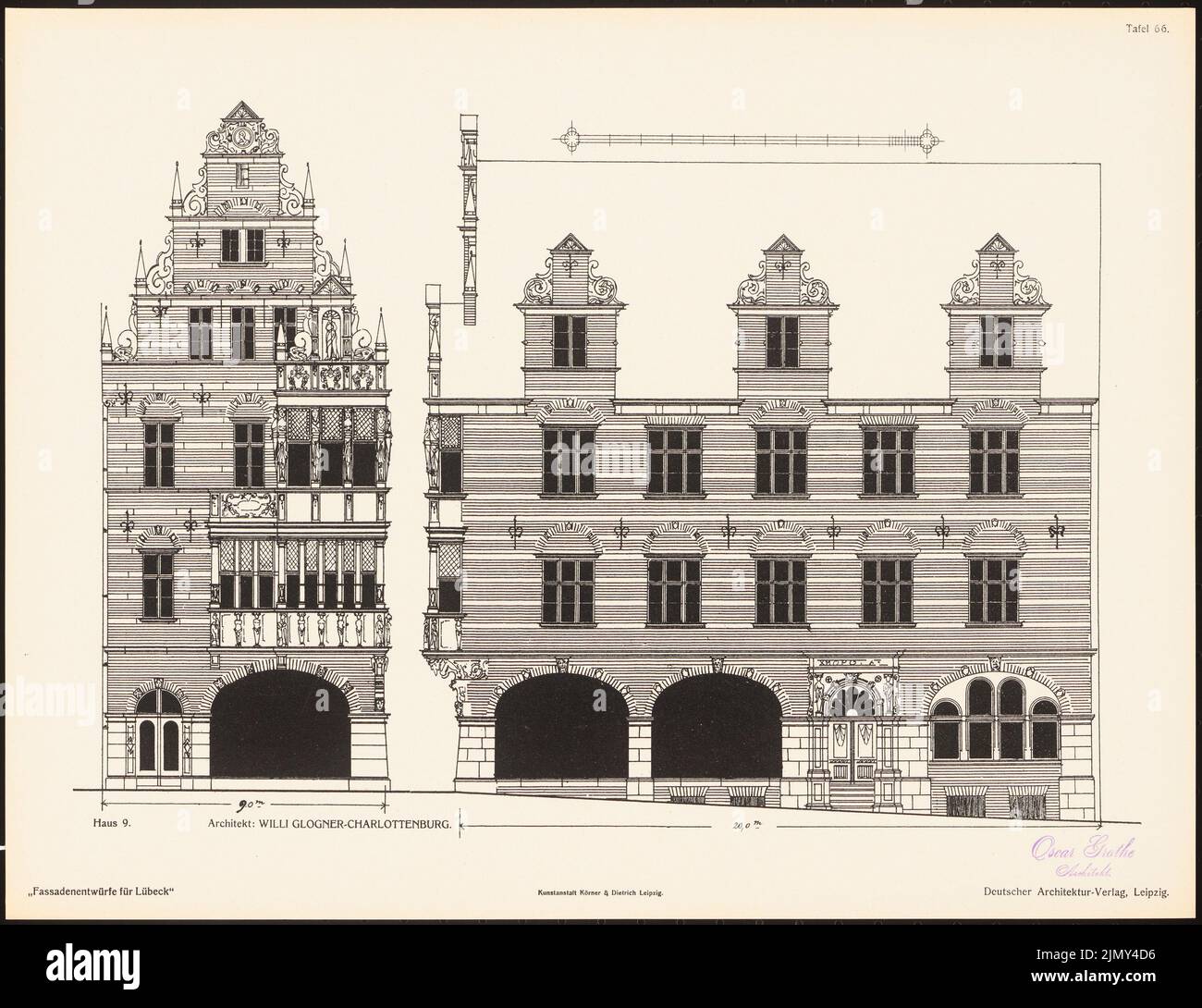 Glogner Willi, Fassadenentwürfe für Lübeck. Das Ergebnis d. Wettbewerb, beworbene d. Verein der Lübecker Kunstliebhaber, edit. v. Richard Landé, Leipzig 1 (1901-1901): Views. Druck auf Papier, 32,7 x 42,5 cm (einschließlich Scankanten) Stockfoto