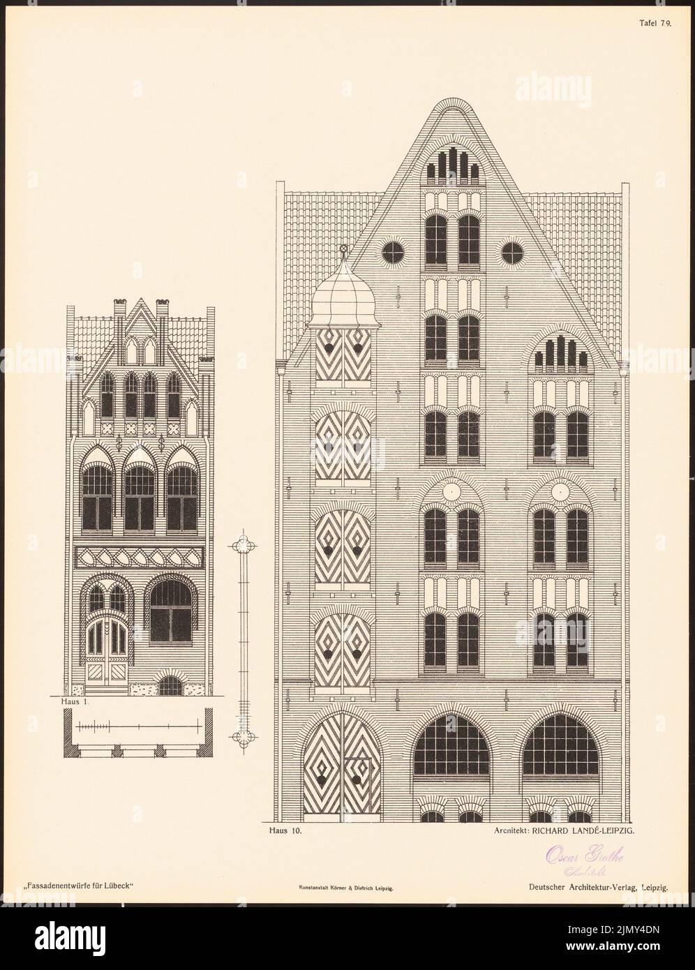 Landé Richard, Fassadenentwürfe für Lübeck. Das Ergebnis d. Wettbewerb, beworbene d. Verein der Lübecker Kunstliebhaber, edit. v. Richard Landé, Leipzig 1 (1901-1901): Ansichten, Fassade horizontal geschnitten. Druck auf Papier, 42,6 x 32,7 cm (einschließlich Scankanten) Stockfoto