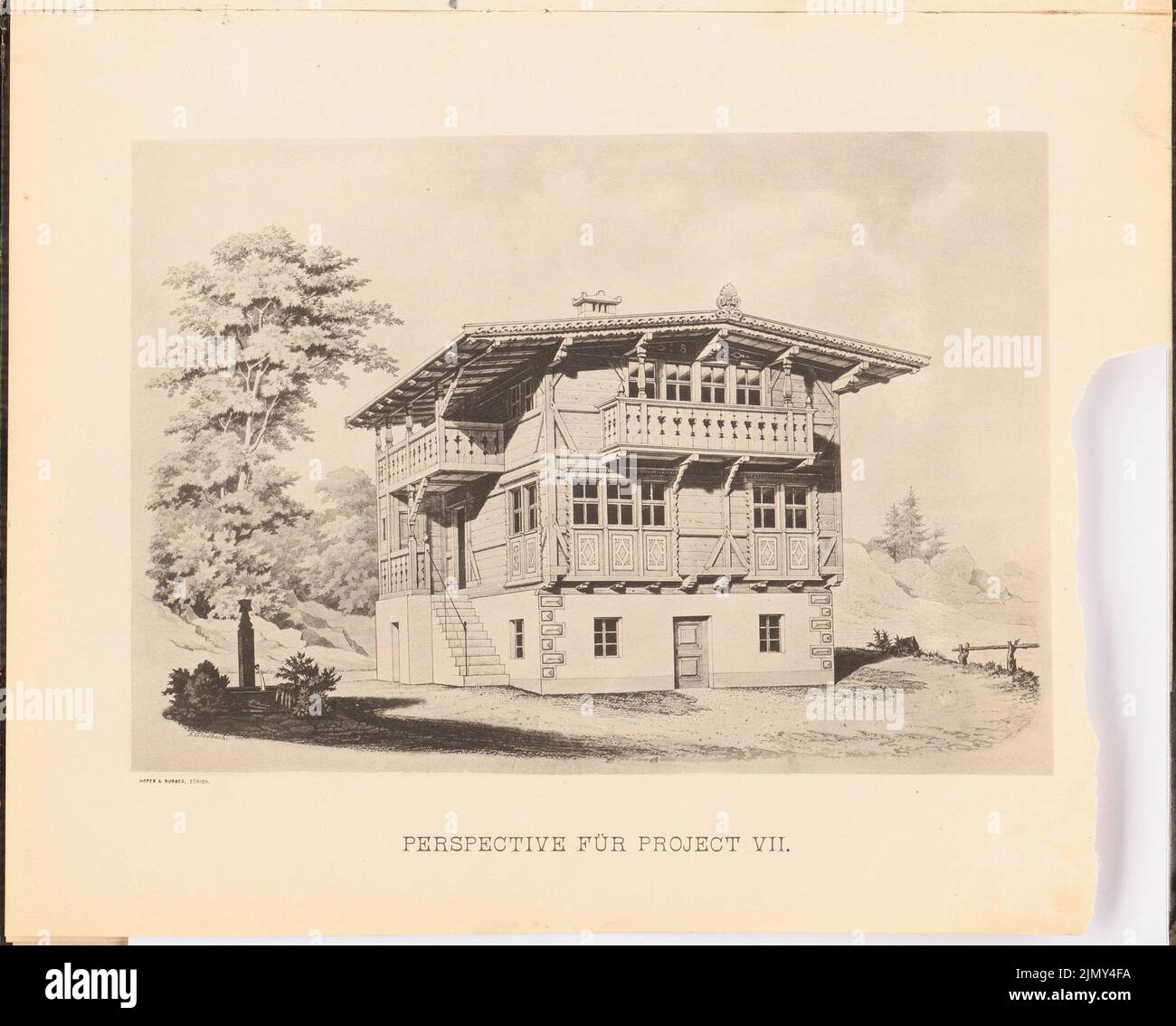 N.N., klein, aber meins. Sieben Projekte für Einzelhäuser mit einem Stall im Wert von vier bis fünftausend Franken, H.1, hrsg. C. Schindler-Escher, (1885-1885): Projekt 7, Perspektivansicht. Druck auf Papier, 21,5 x 26,7 cm (einschließlich Scankanten) Stockfoto