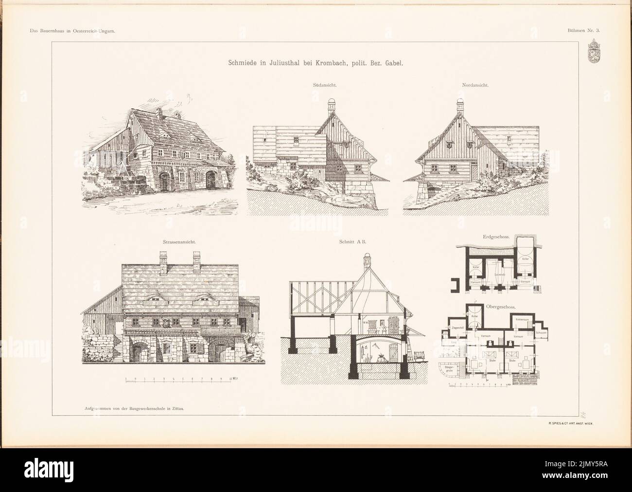 Bauschule Zittau, Schmiede, Krombach. (Aus: Das Bauernhaus in Österreich-Ungarn, hrsg. von der Straßenseite, Schnitt A B. Druck auf Papier, 33,6 x 47,4 cm (inklusive Scankanten) Stockfoto