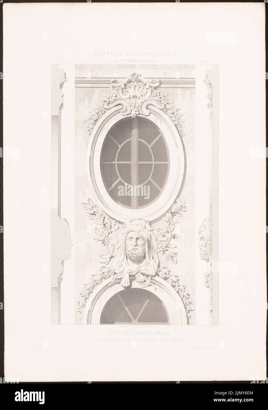 N.N., oeuil-de-Boeuf, Rue St. Guillaume, Paris. (Aus: Motifs historiques d´Architecture et de sculpture d´ornement, hrsg. v. César Daly, Vol. Stich auf Papier, 45,8 x 32,1 cm (inkl. Scankanten) Stockfoto
