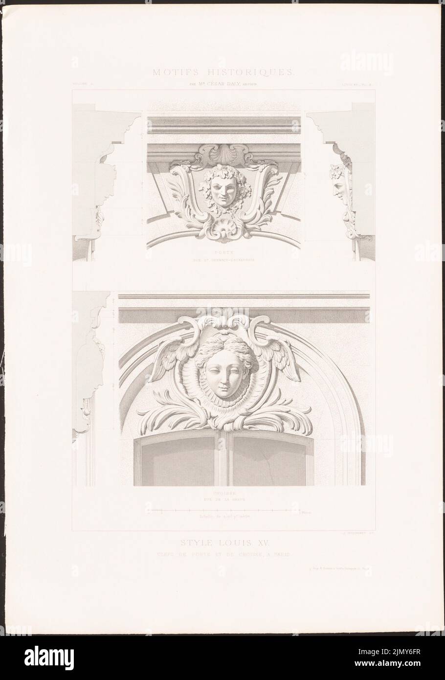 N.N., Schlüssel von Tür und Kreuzung, Paris. (AUS: Historische Motive der Architektur und Ornamentskulptur, HRSG.V. César Daly, BD.2, Paris 1870.) (1870-1870): Ansichten. Stich AUF Papier, 45,5 x 31,8 cm (inkl. Scanränder). Sie archikturmuseum Inv. Nr. B 1925,028. Stockfoto