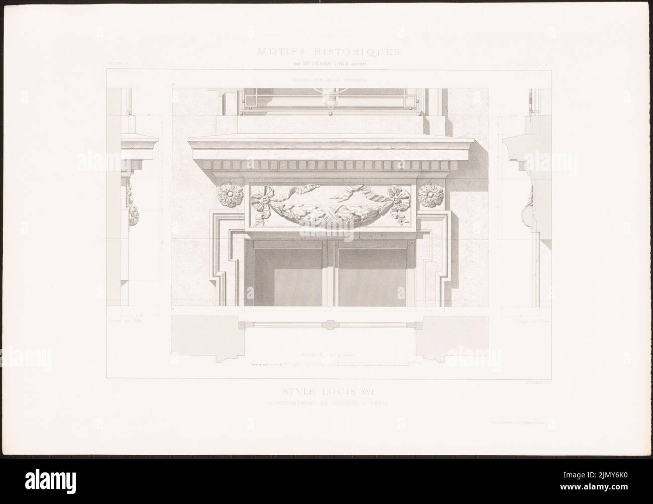 N.N., Crown Crown, rue de la Verrerie, Paris. (Aus: Historische Motive der Architektur und Ornamentskulptur, HRSG.V. César Daly, bd.2, BET (1870-1870): Ansicht, Schnitt. Stich auf Papier, 31,7 x 45,2 cm (inkl. Scanränder). Sie archikturmuseum Inv. Nr. B 1925.062. Stockfoto