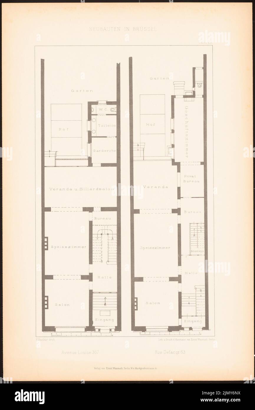 Hankar P., Wohnhaus, Avenue Louise, Brüssel. Wohnhaus, Rue Defacqz, Brüssel. (Aus: Modern Urban Figures Dept. 1. Neubauten in Brüssel, Berlin 1900.) (1900-1900): Grundrisse. Leichter Druck auf Papier, 48,8 x 32,5 cm (einschließlich Scankanten) Stockfoto