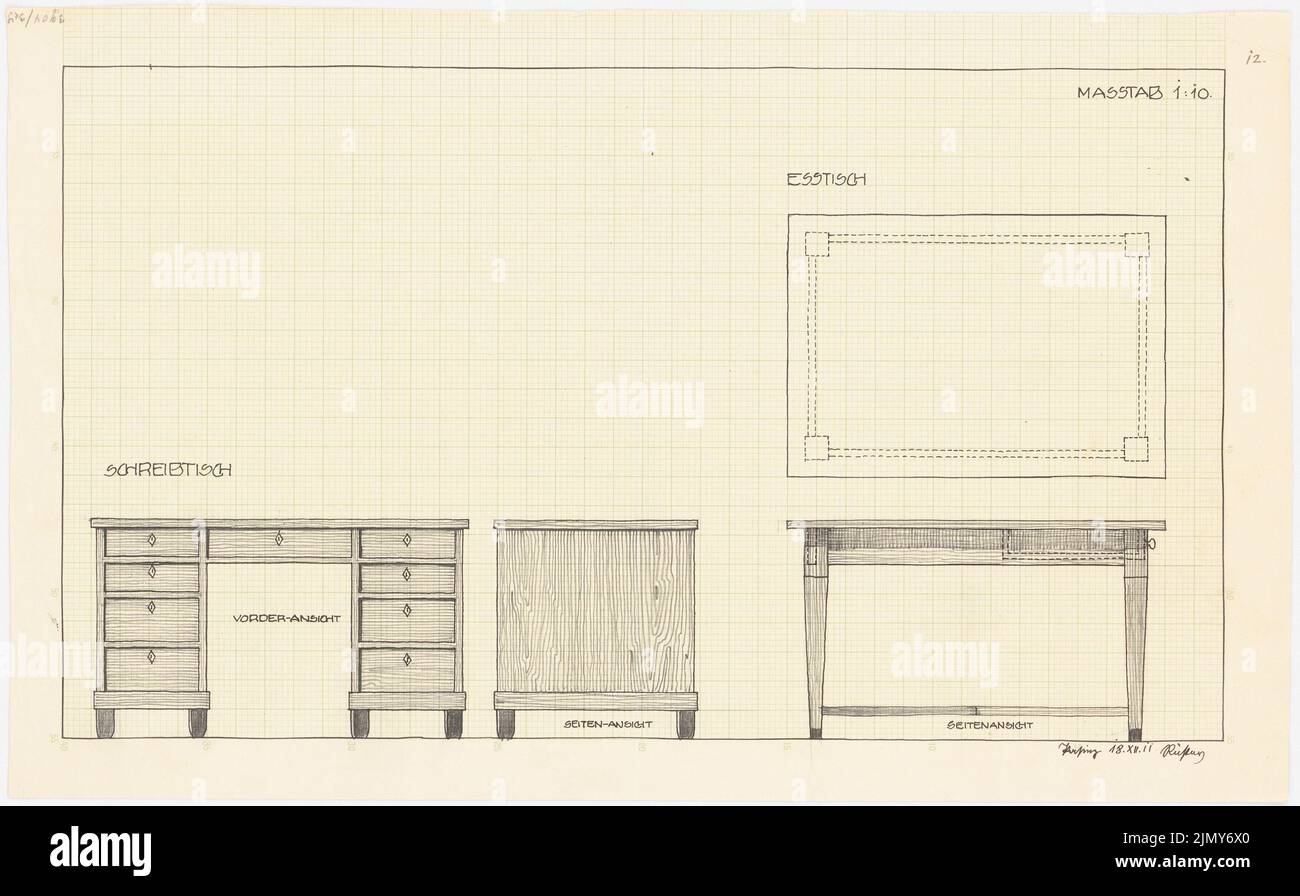 Rüster Emil (1883-1949), Schreibtisch und Esstisch (18. Dezember 1911): Ansichten 1:10. Tinte auf Papier, 27,7 x 44,6 cm (einschließlich Scankanten) Stockfoto