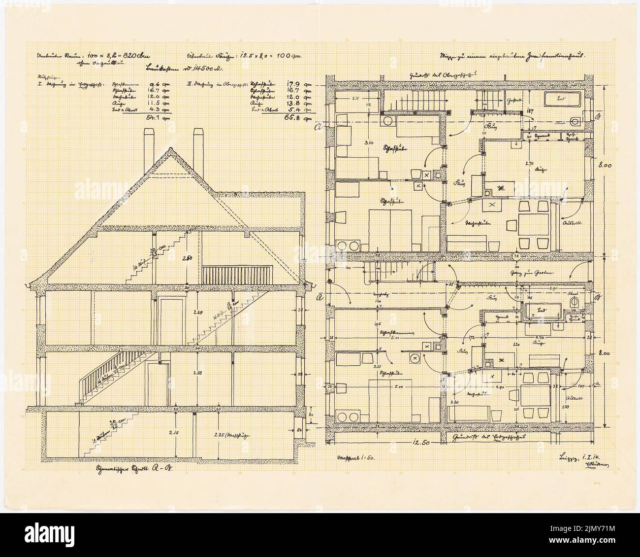 Rüster Emil (1883-1949), Einfamilienhaus (01.01.1914): Schnitt, Grundriß EG und OG 1:50. Tinte auf Papier, 47,9 x 59,8 cm (einschließlich Scankanten) Stockfoto