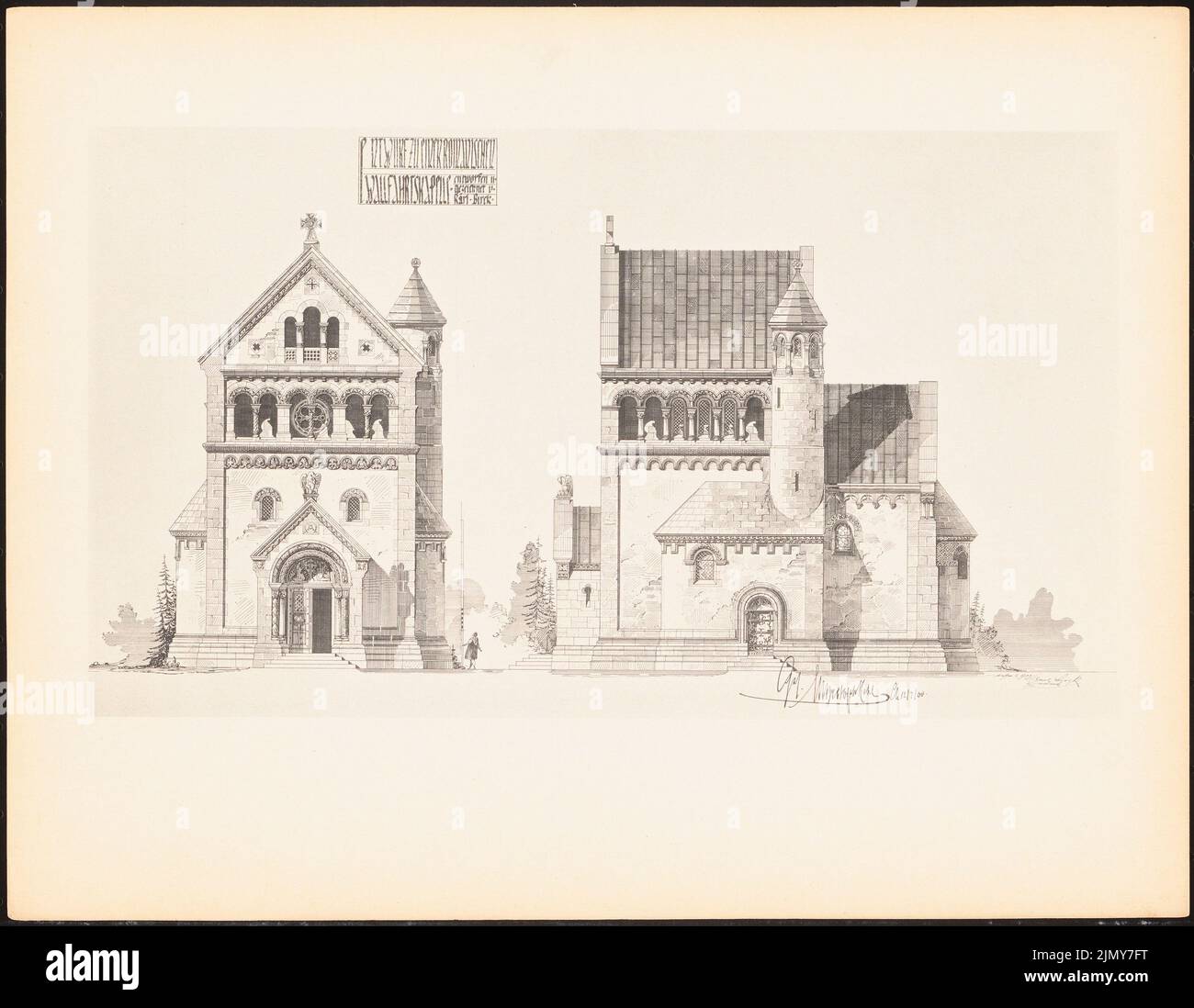 Birck Karl, romanische Wallfahrtskapelle. (Aus: Drucke von Seminararbeiten der Königlichen Technischen Universität Berlin, Band I) (12. September 1900): Ansicht, Seitenansicht. Drucken auf Papier, 25,5 x 32,9 cm (einschließlich Scankanten) Stockfoto