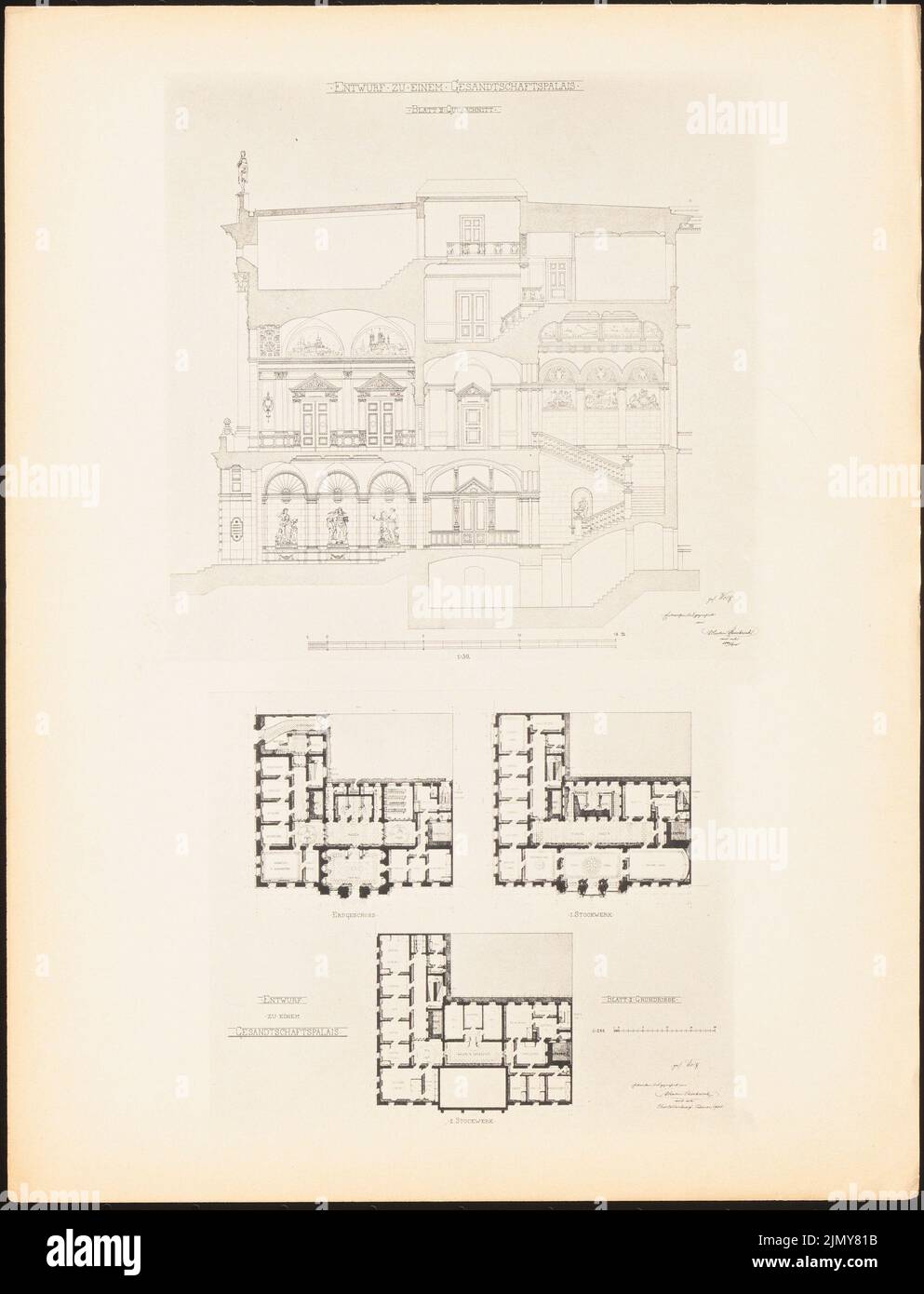 Steinbrink Martin, Geschandcanda Palace. (Aus: Drucke von Seminararbeiten der Königlichen Technischen Universität Berlin, Band I) (1899/1900): Grundrisse EG, 1.. Stock, 2.. Stock, Querschnitt. Drucken auf Papier, 33 x 25,2 cm (einschließlich Scankanten) Stockfoto